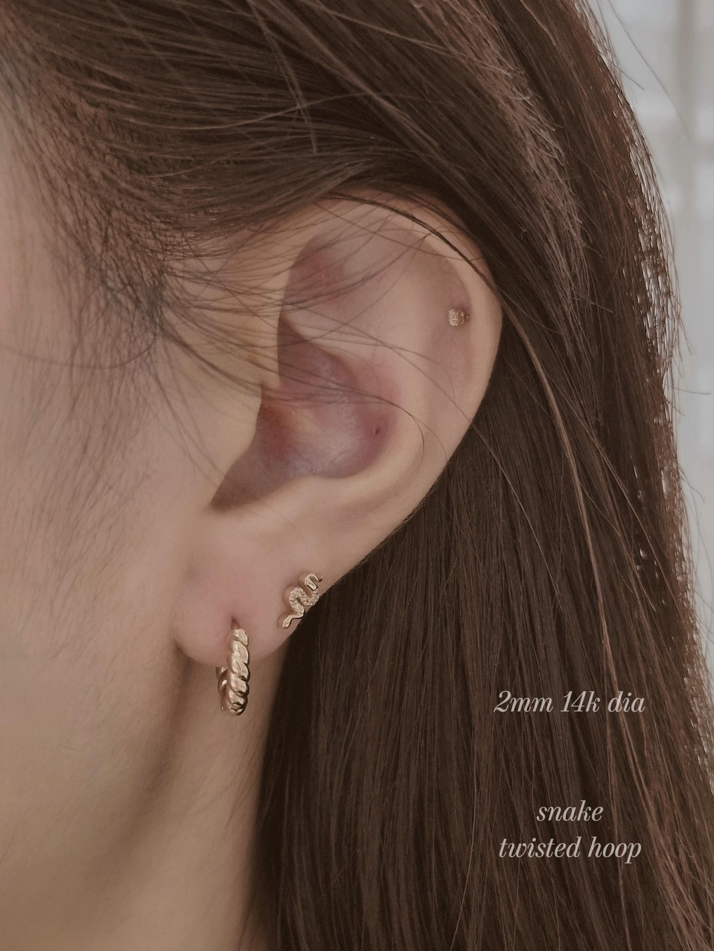 14k solid gold snake piercing. gold screw ball stud. snake stud. real gold.