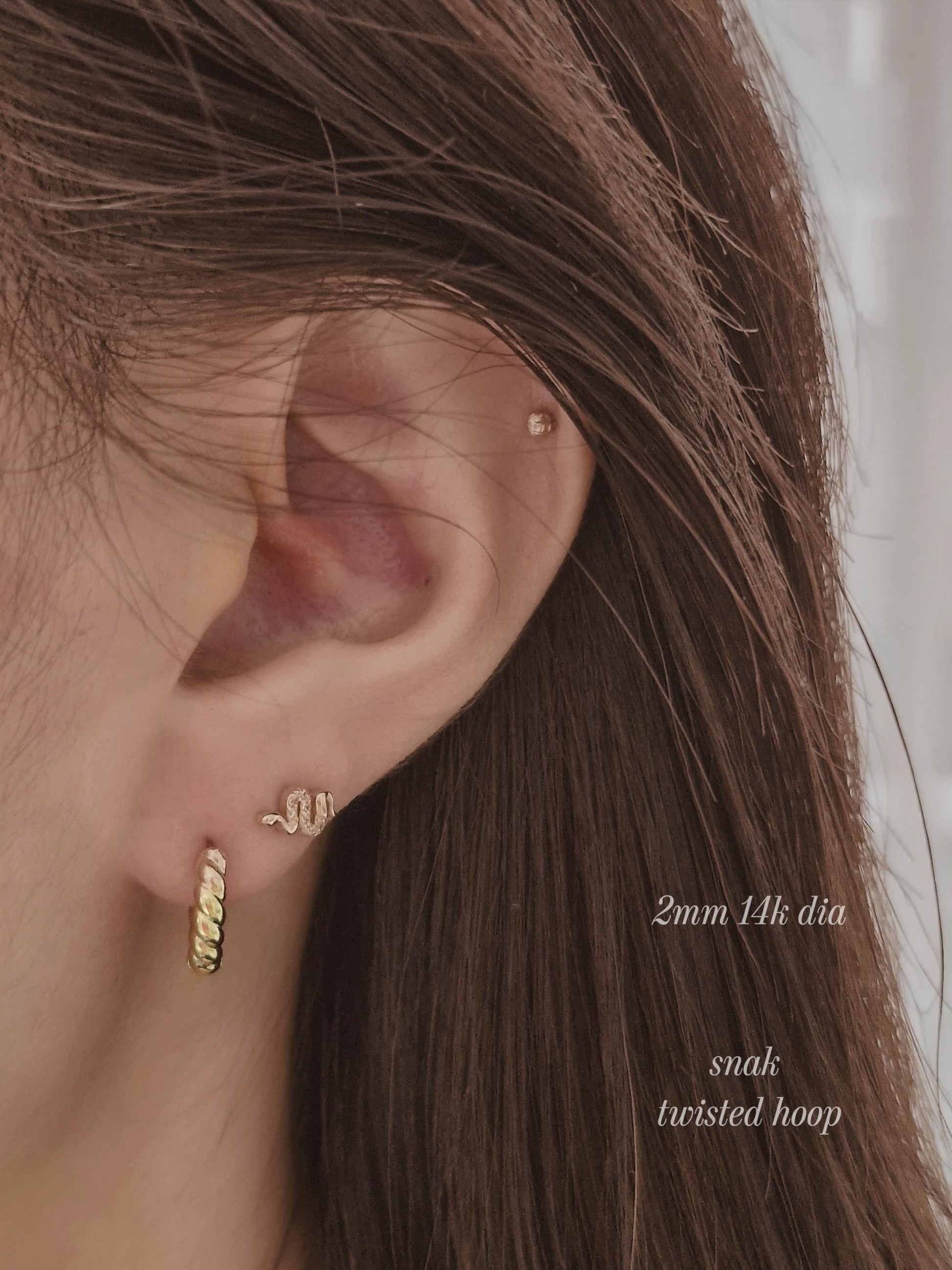 14k solid gold snake piercing. gold screw ball stud. snake stud. real gold.