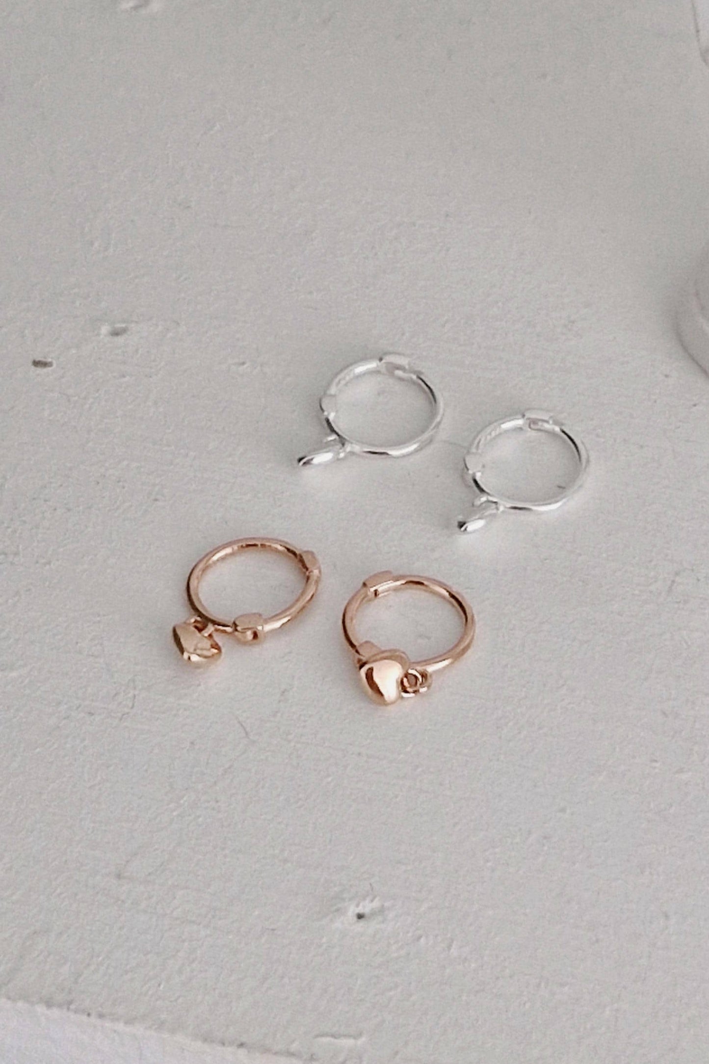 mini heart dangle sterling silver gold rosegold dangle earring. huggie hoop earrings.