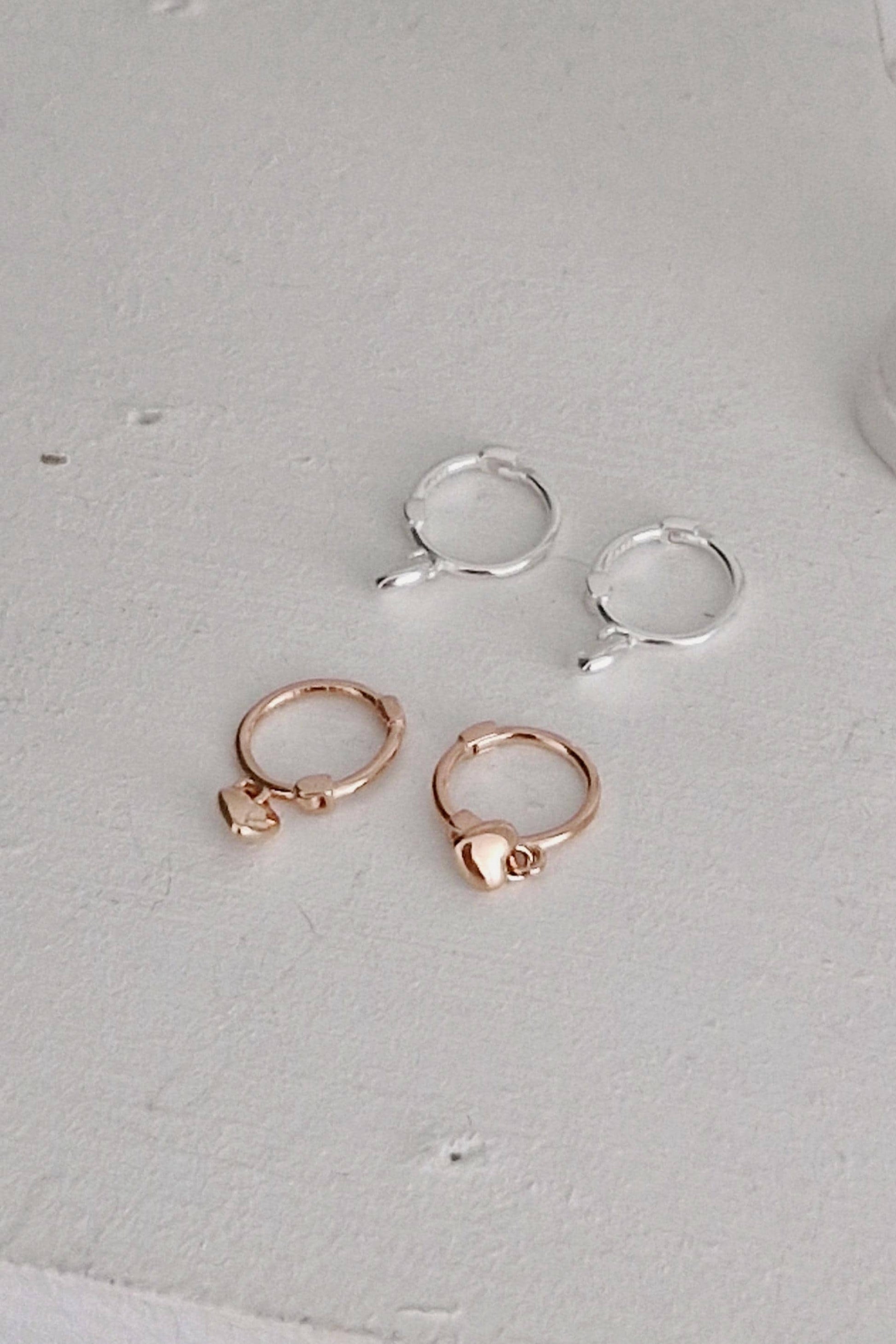 mini heart dangle sterling silver gold rosegold dangle earring. huggie hoop earrings.