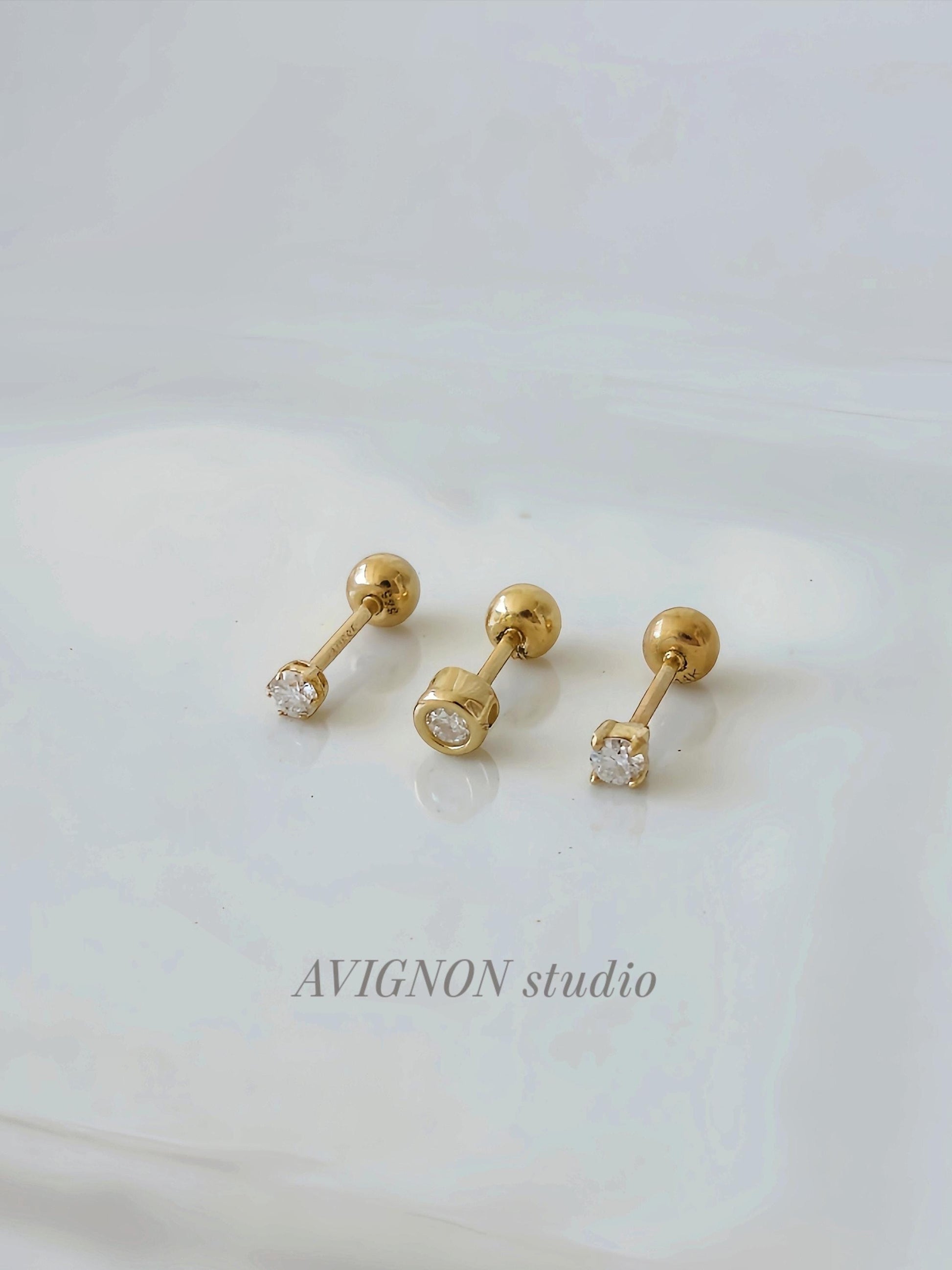 2mm Moissanite Lab Diamond Tiny Piercing. soild 14K Gold Cartilage Stud Earring, Minimalist Dainty Jewelry. Screwball stud.