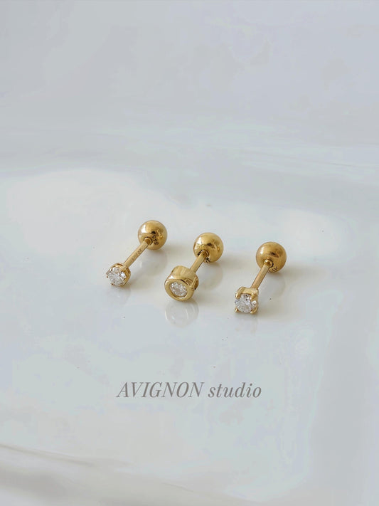 2mm Moissanite Lab Diamond Tiny Piercing. soild 14K Gold Cartilage Stud Earring, Minimalist Dainty Jewelry. Screwball stud.