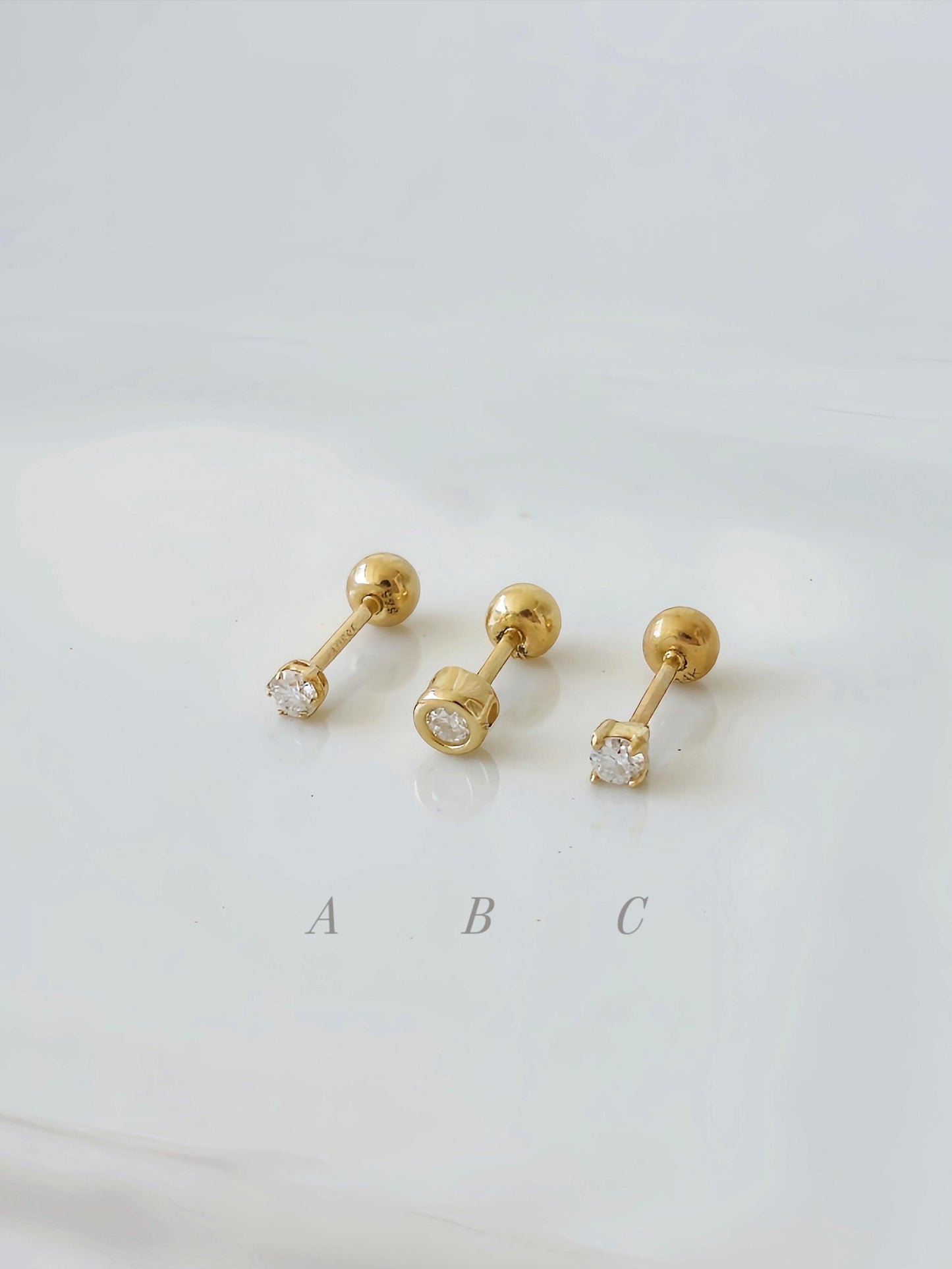2mm Moissanite Lab Diamond Tiny Piercing. soild 14K Gold Cartilage Stud Earring, Minimalist Dainty Jewelry. Screwball stud.