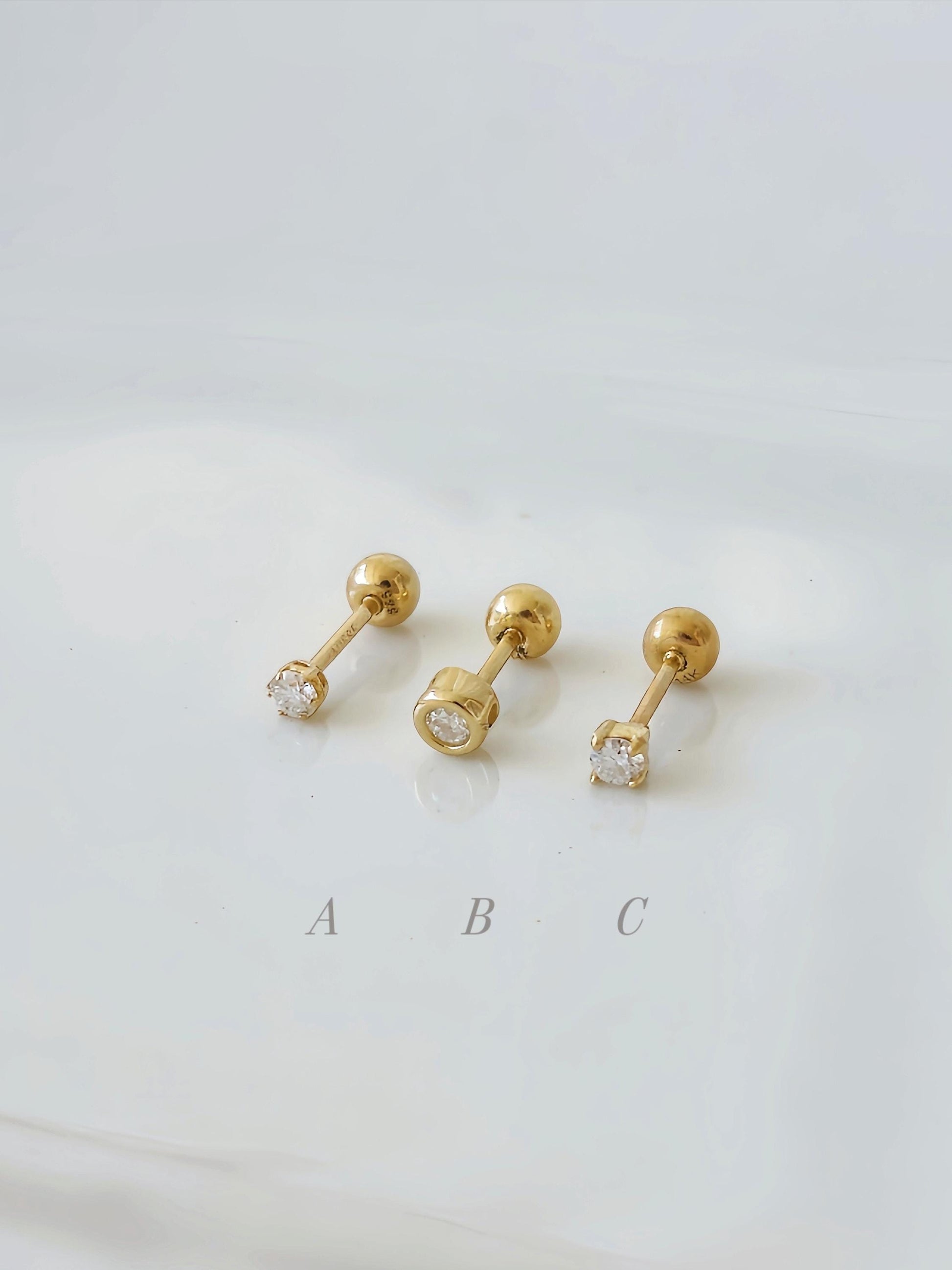2mm Moissanite Lab Diamond Tiny Piercing. soild 14K Gold Cartilage Stud Earring, Minimalist Dainty Jewelry. Screwball stud.