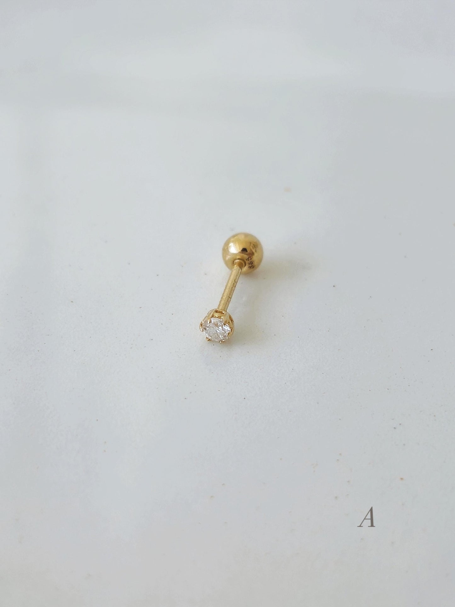 2mm Moissanite Lab Diamond Tiny Piercing. soild 14K Gold Cartilage Stud Earring, Minimalist Dainty Jewelry. Screwball stud.