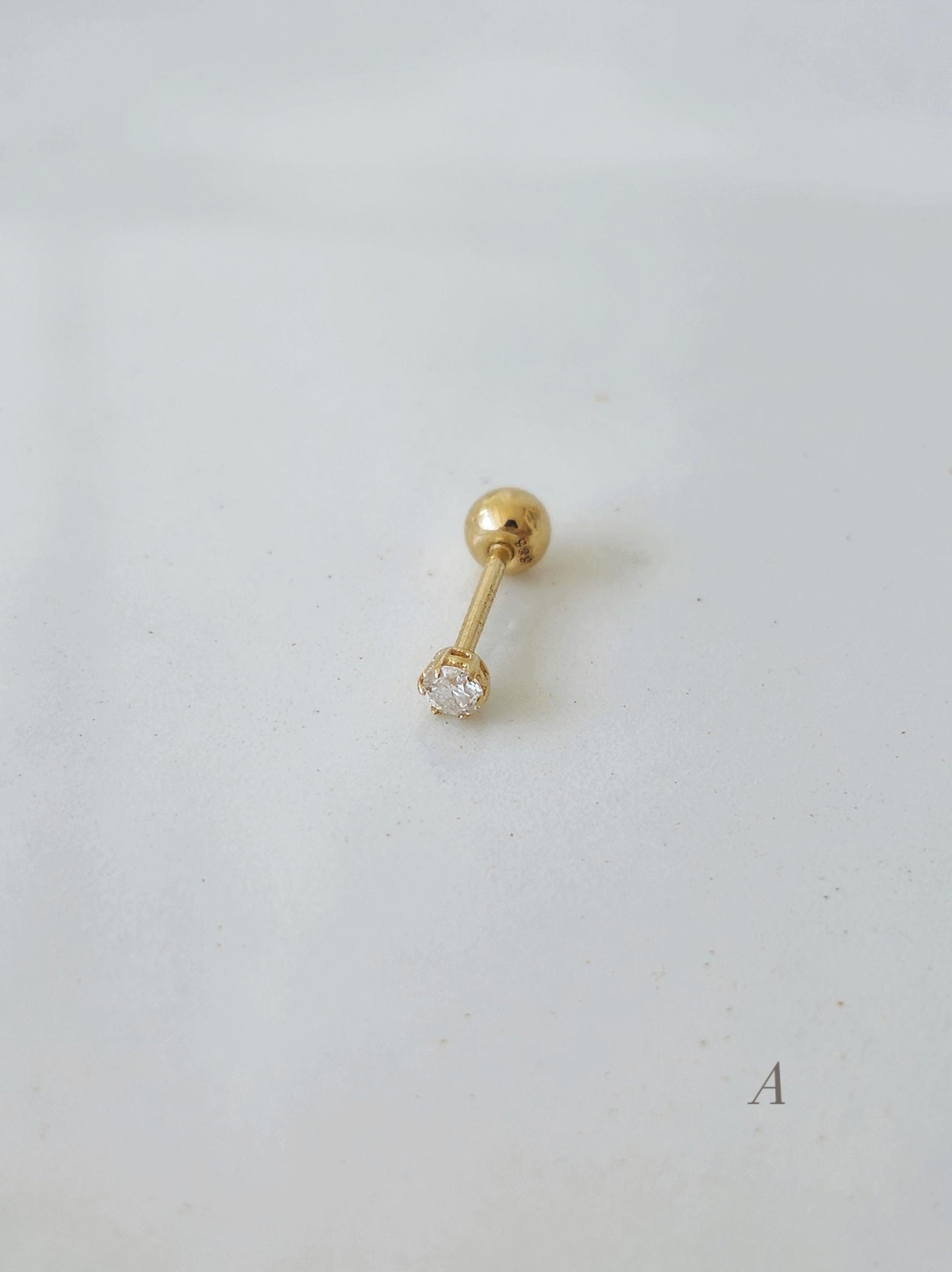 2mm Moissanite Lab Diamond Tiny Piercing. soild 14K Gold Cartilage Stud Earring, Minimalist Dainty Jewelry. Screwball stud.