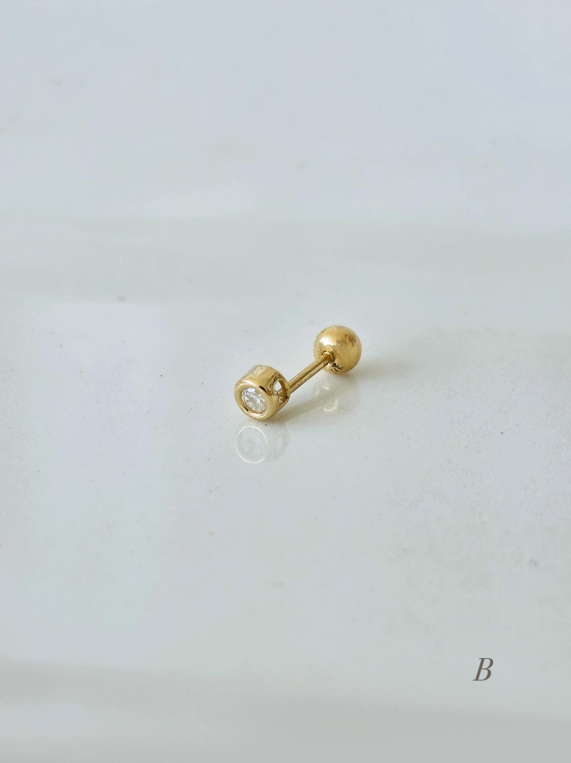 2mm Moissanite Lab Diamond Tiny Piercing. soild 14K Gold Cartilage Stud Earring, Minimalist Dainty Jewelry. Screwball stud.