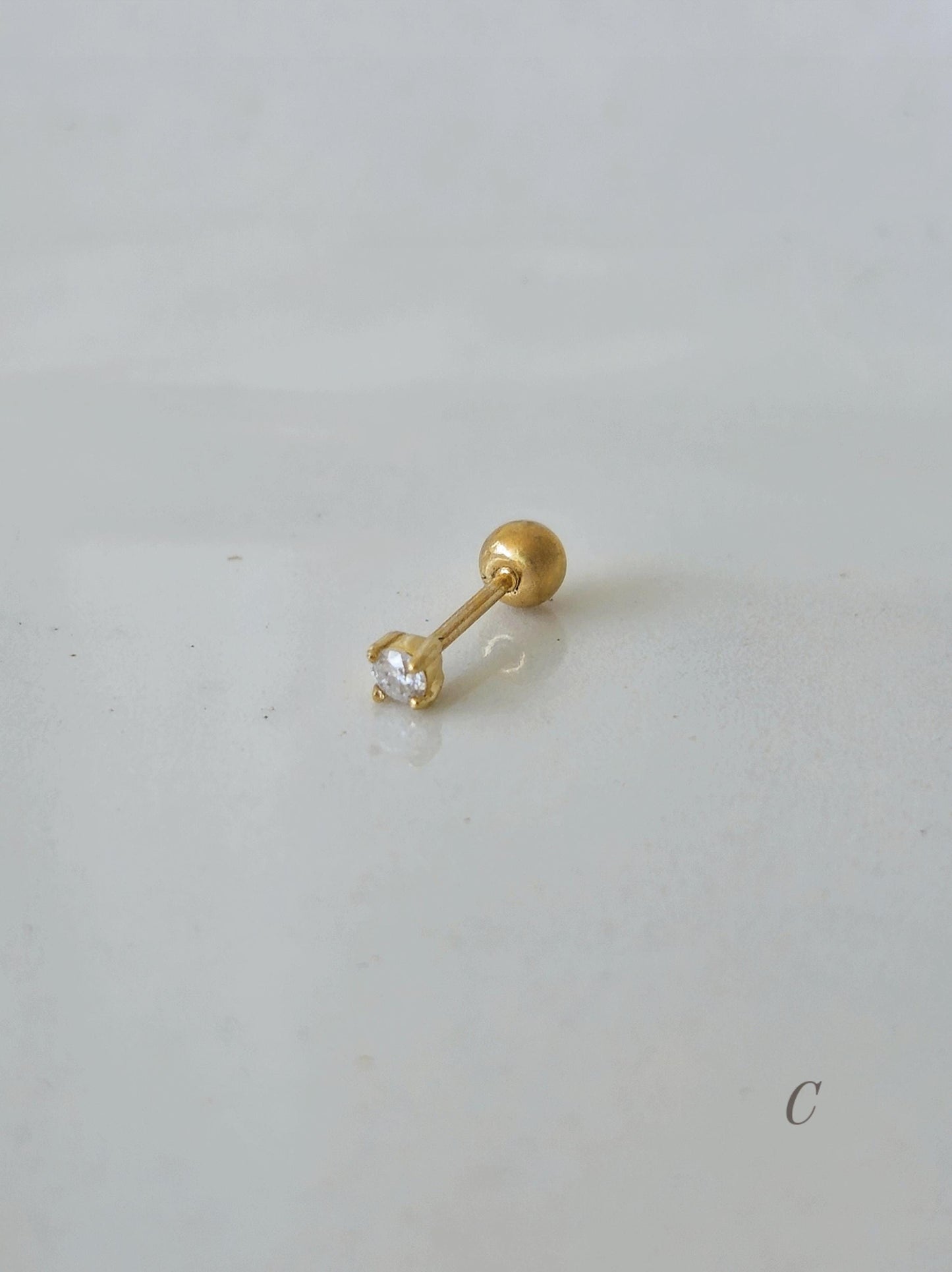 2mm Moissanite Lab Diamond Tiny Piercing. soild 14K Gold Cartilage Stud Earring, Minimalist Dainty Jewelry. Screwball stud.