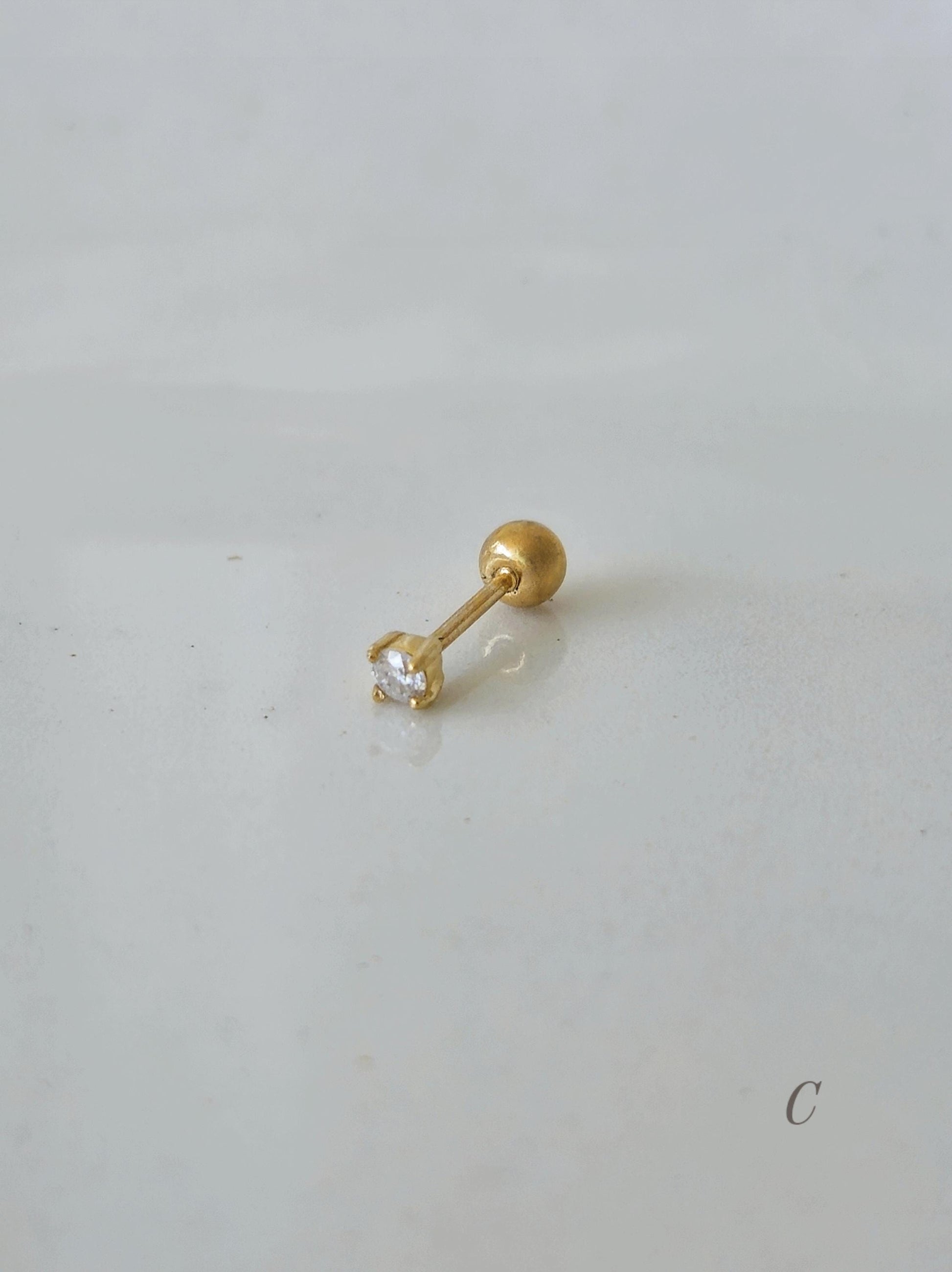 2mm Moissanite Lab Diamond Tiny Piercing. soild 14K Gold Cartilage Stud Earring, Minimalist Dainty Jewelry. Screwball stud.