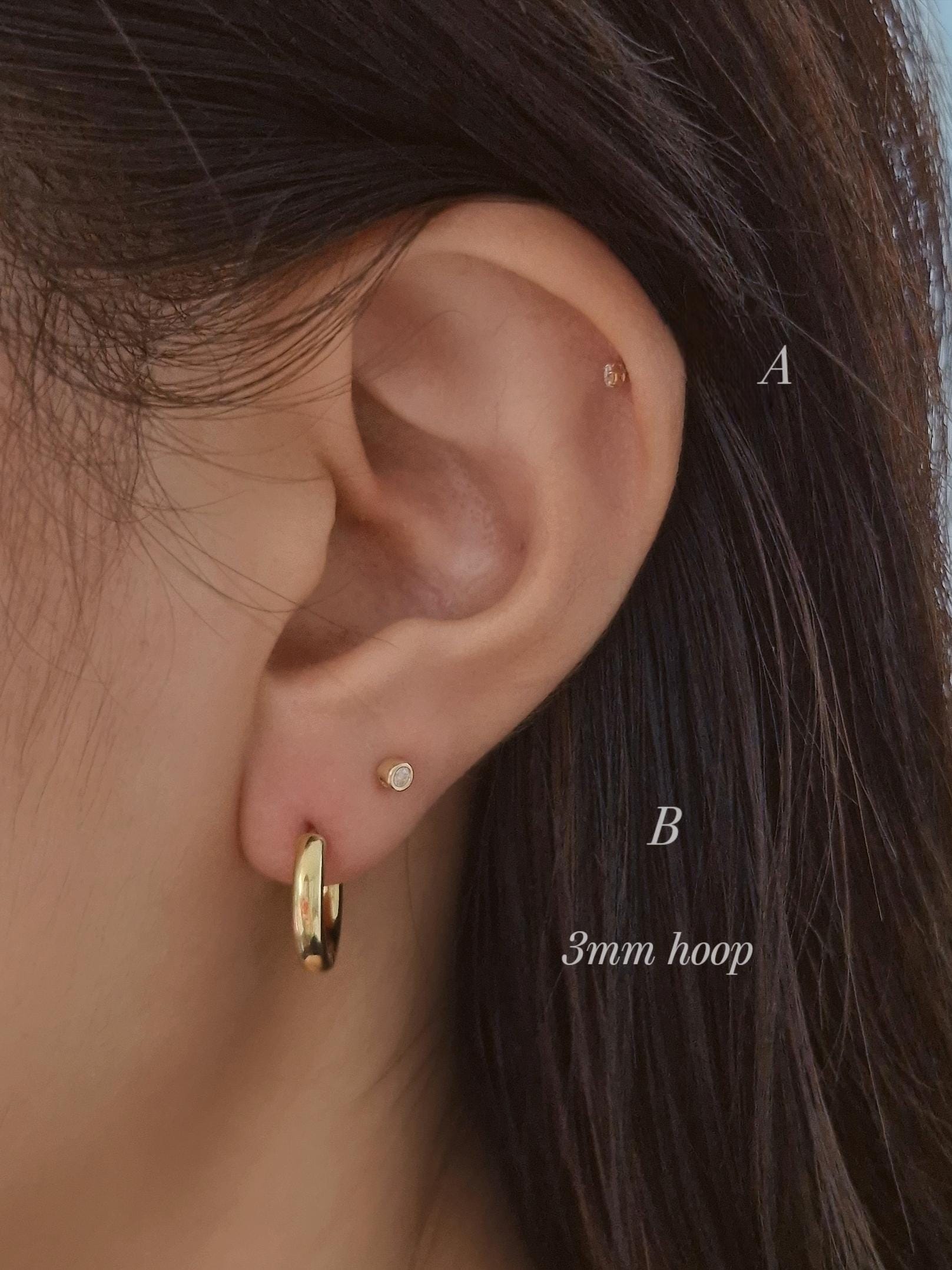 2mm Moissanite Lab Diamond Tiny Piercing. soild 14K Gold Cartilage Stud Earring, Minimalist Dainty Jewelry. Screwball stud.