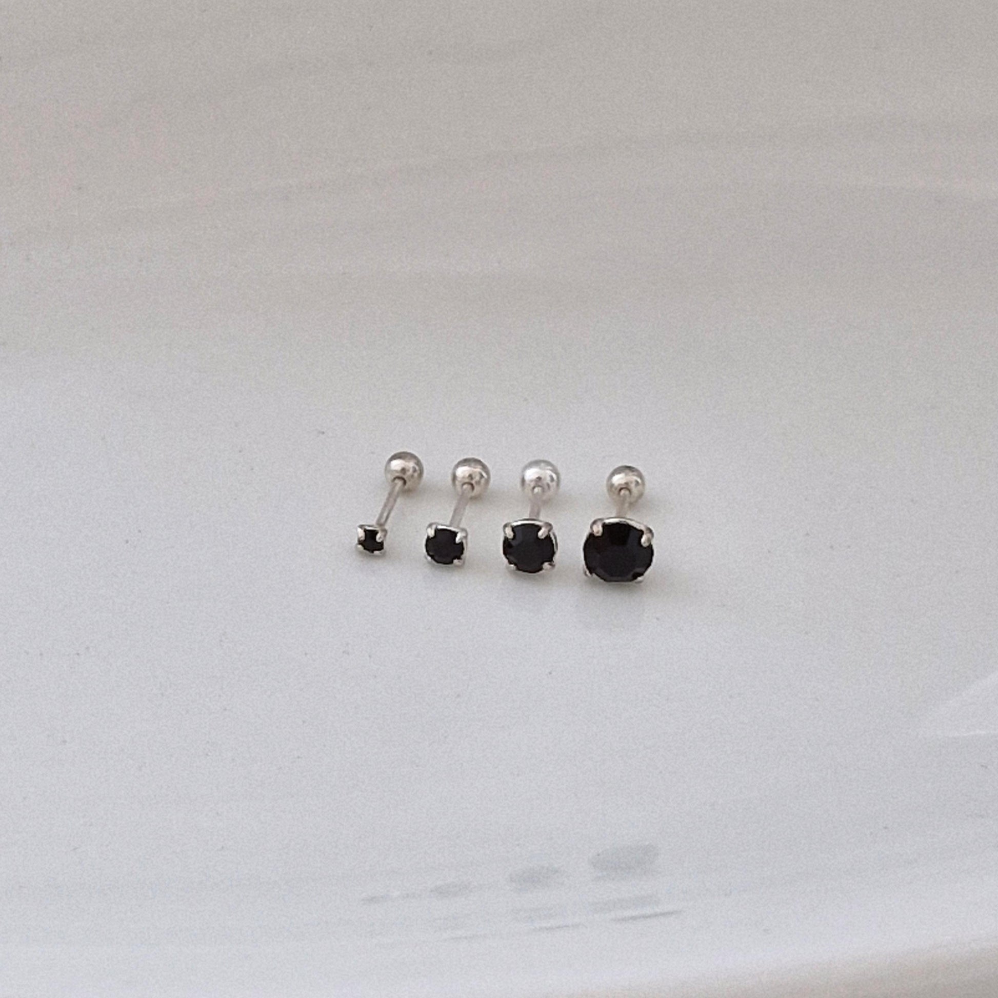 2mm 3mm 4mm 5mm Black Cubic Zirconia Stud Piercing. 20G. Sterling Silver 925. Minimalist. screwball screwback.