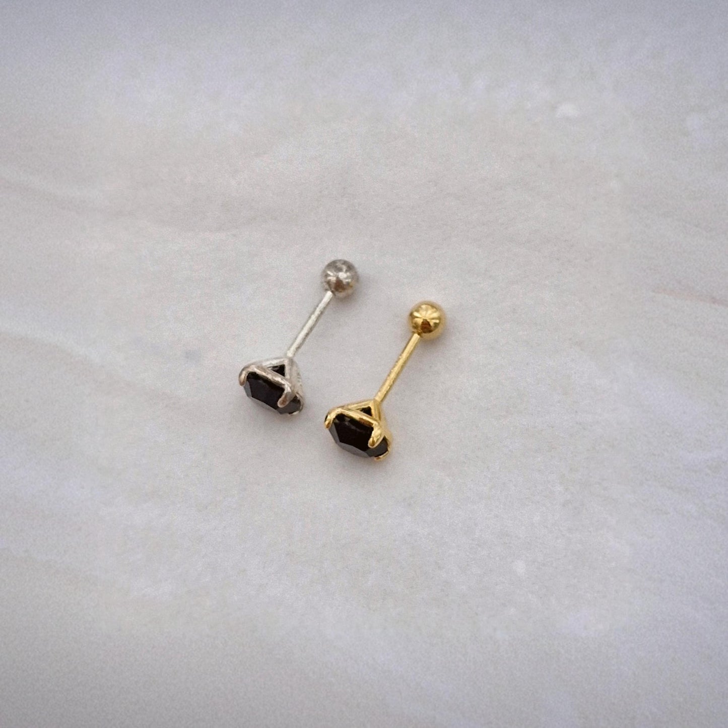 2mm 3mm 4mm 5mm Black Cubic Zirconia Stud Piercing. 20G. Sterling Silver 925. Minimalist. screwball screwback.
