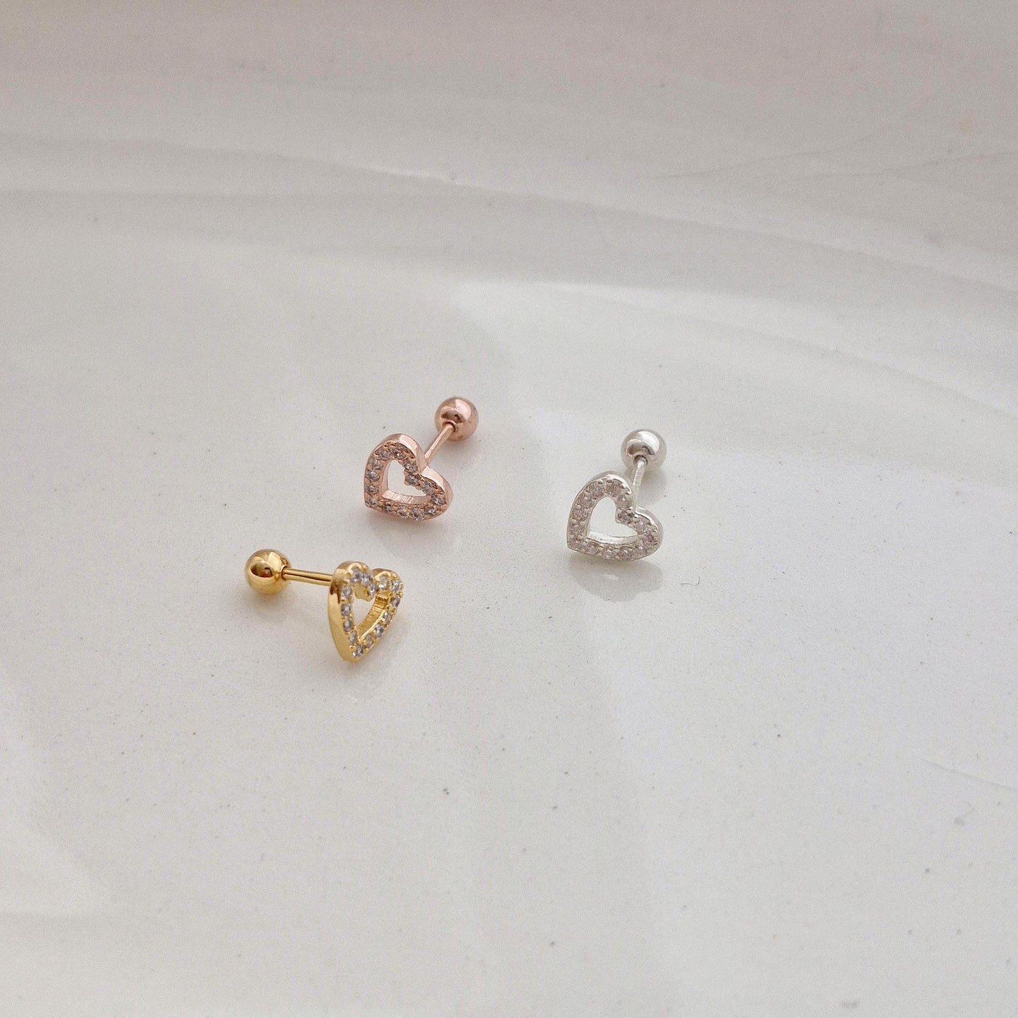 open heart cubic sterling silver 925 piercing. barbell silver gold rosegold. 20G. price for single