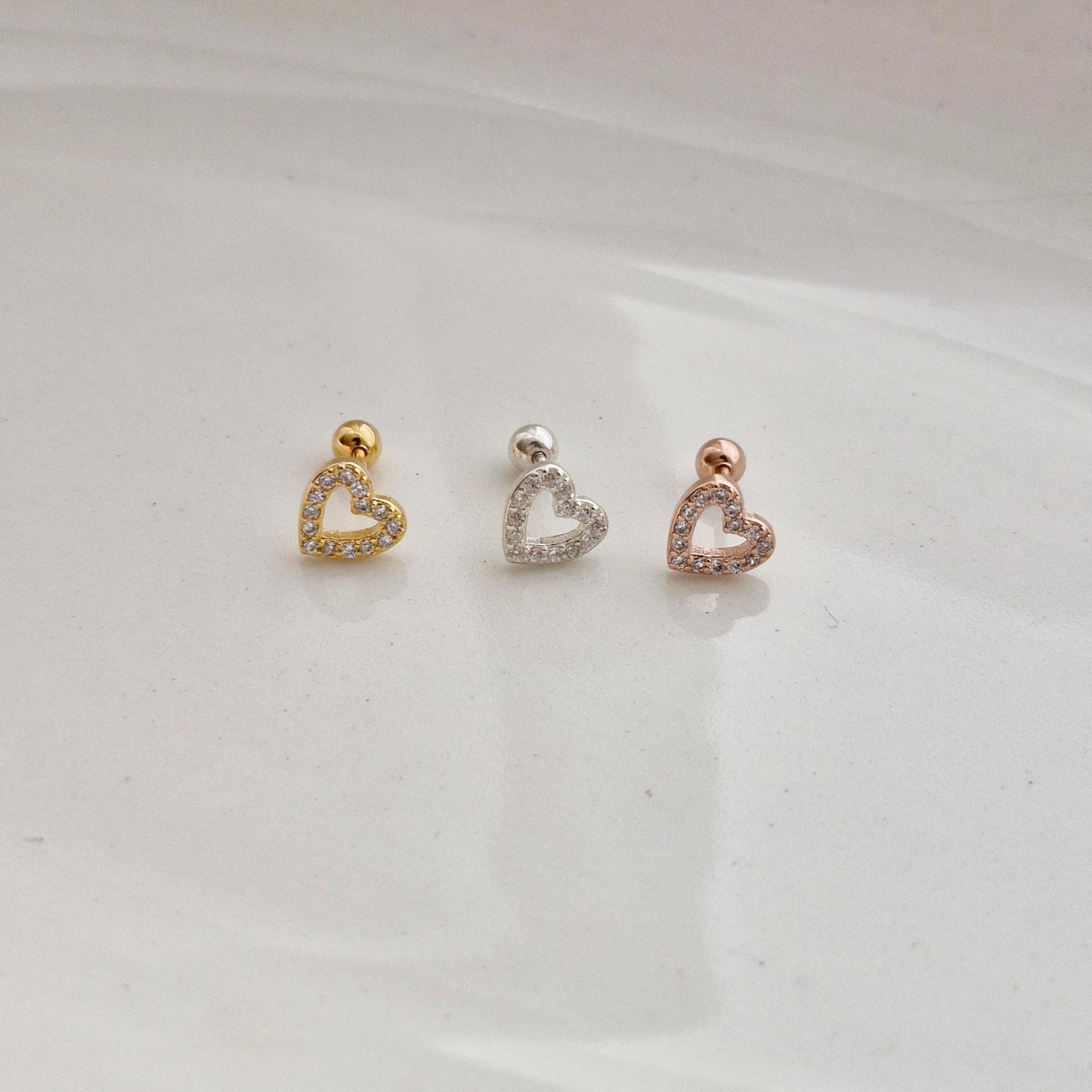 open heart cubic sterling silver 925 piercing. barbell silver gold rosegold. 20G. price for single