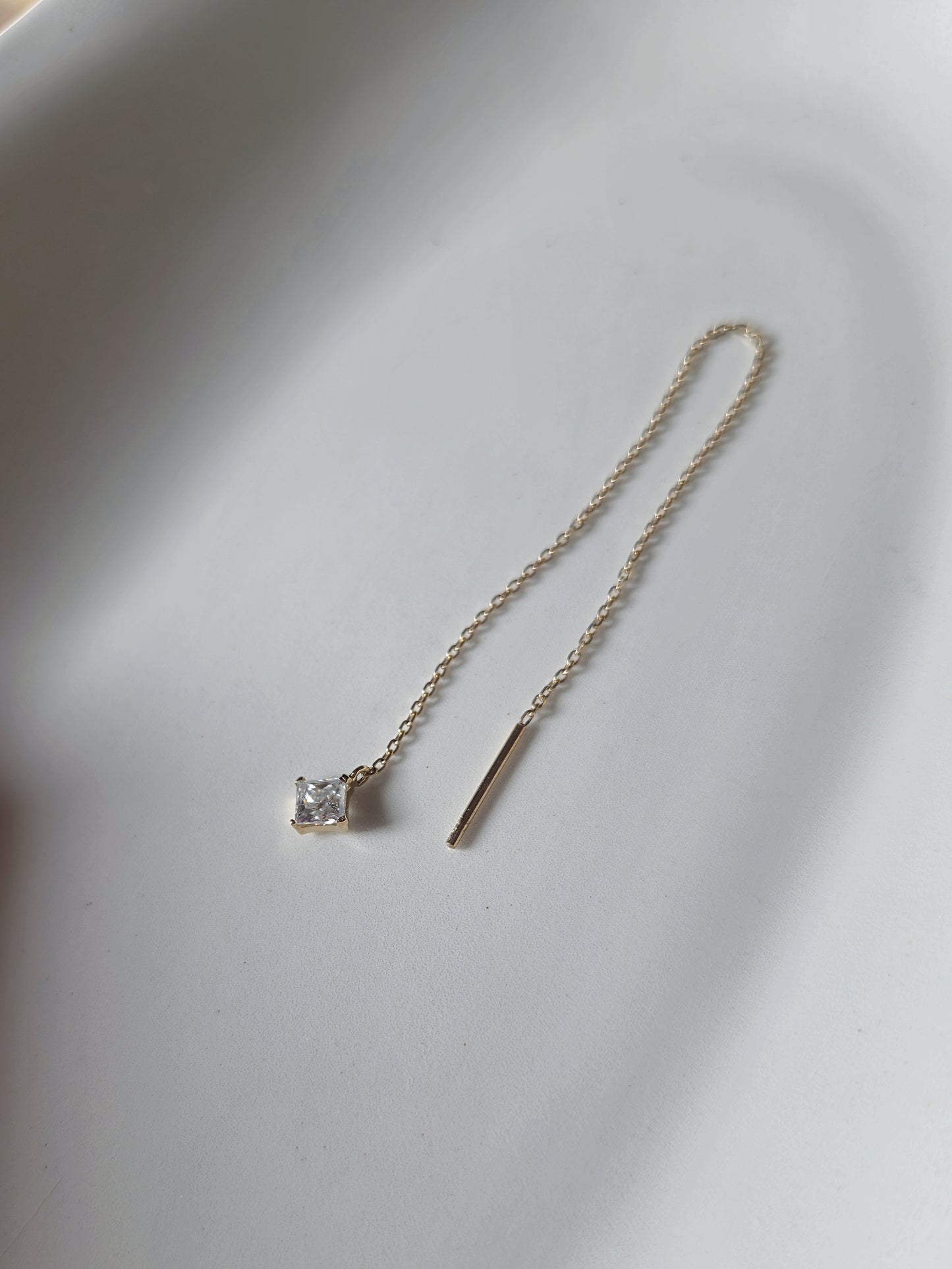 14k solid gold chain threader with square moissanite lab diamond earring.