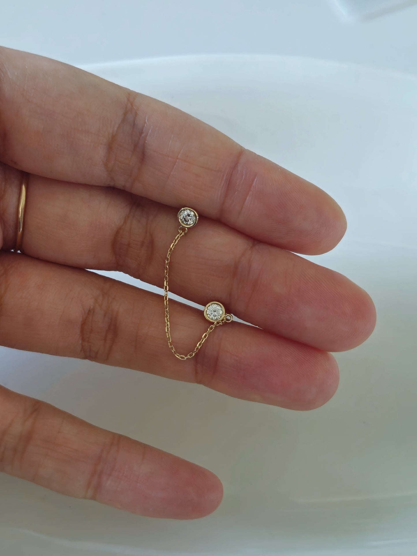 14K Solid Gold Double bezel Stud Chain Piercing. Lab diamond, Moissanite.