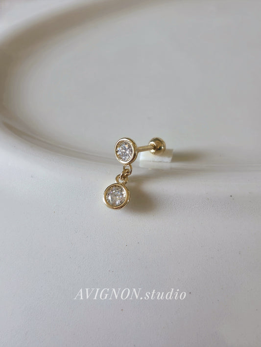 14K solid Gold Bezel Set Moissanite / Lab Diamond Dangle Stud screw ball piercing.