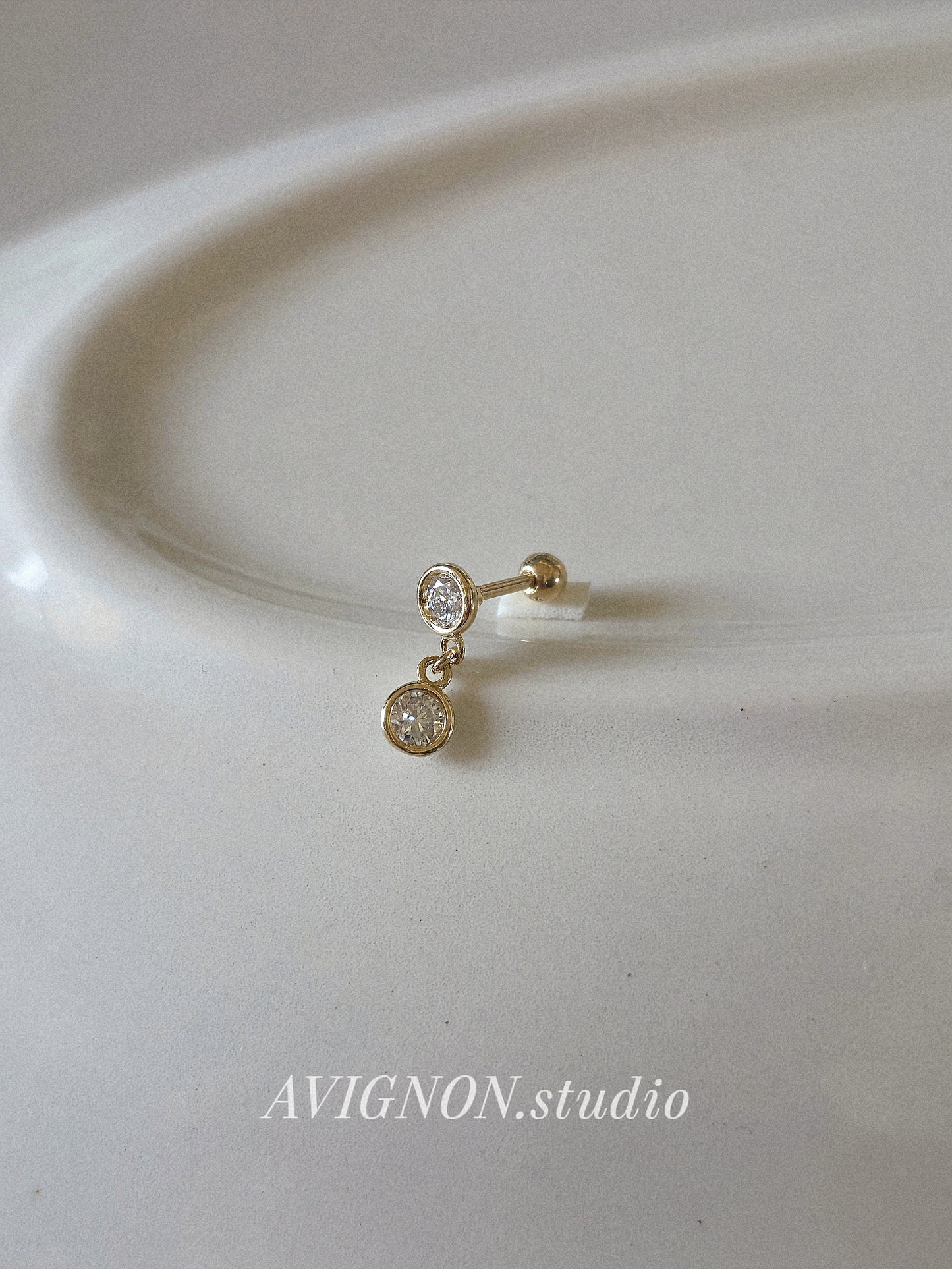 14K solid Gold Bezel Set Moissanite / Lab Diamond Dangle Stud screw ball piercing.