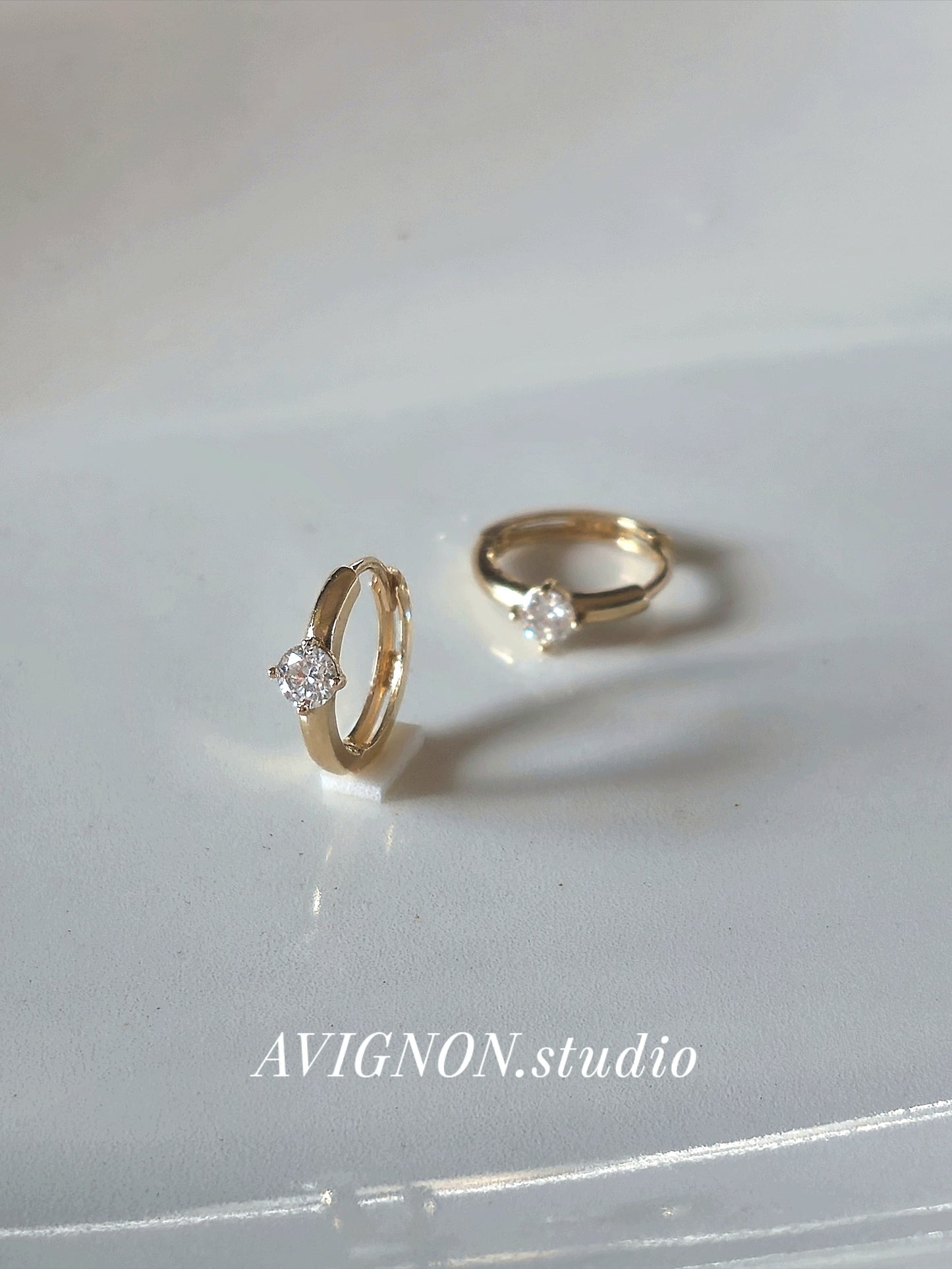 14K Gold Tiny lab Diamond, Moissanite Huggie Hoop Earrings.