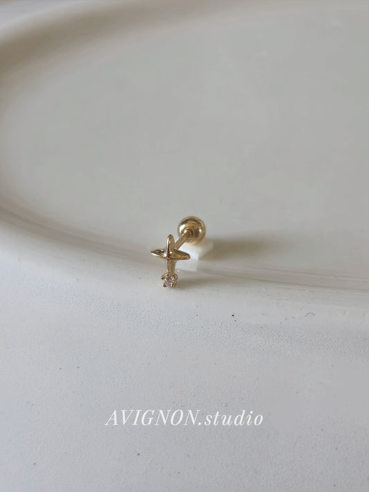 14K Solid Gold Star Stud Earring, Dainty CZ Accent, Minimal Tiny Star, Cartilage Helix Piercing.