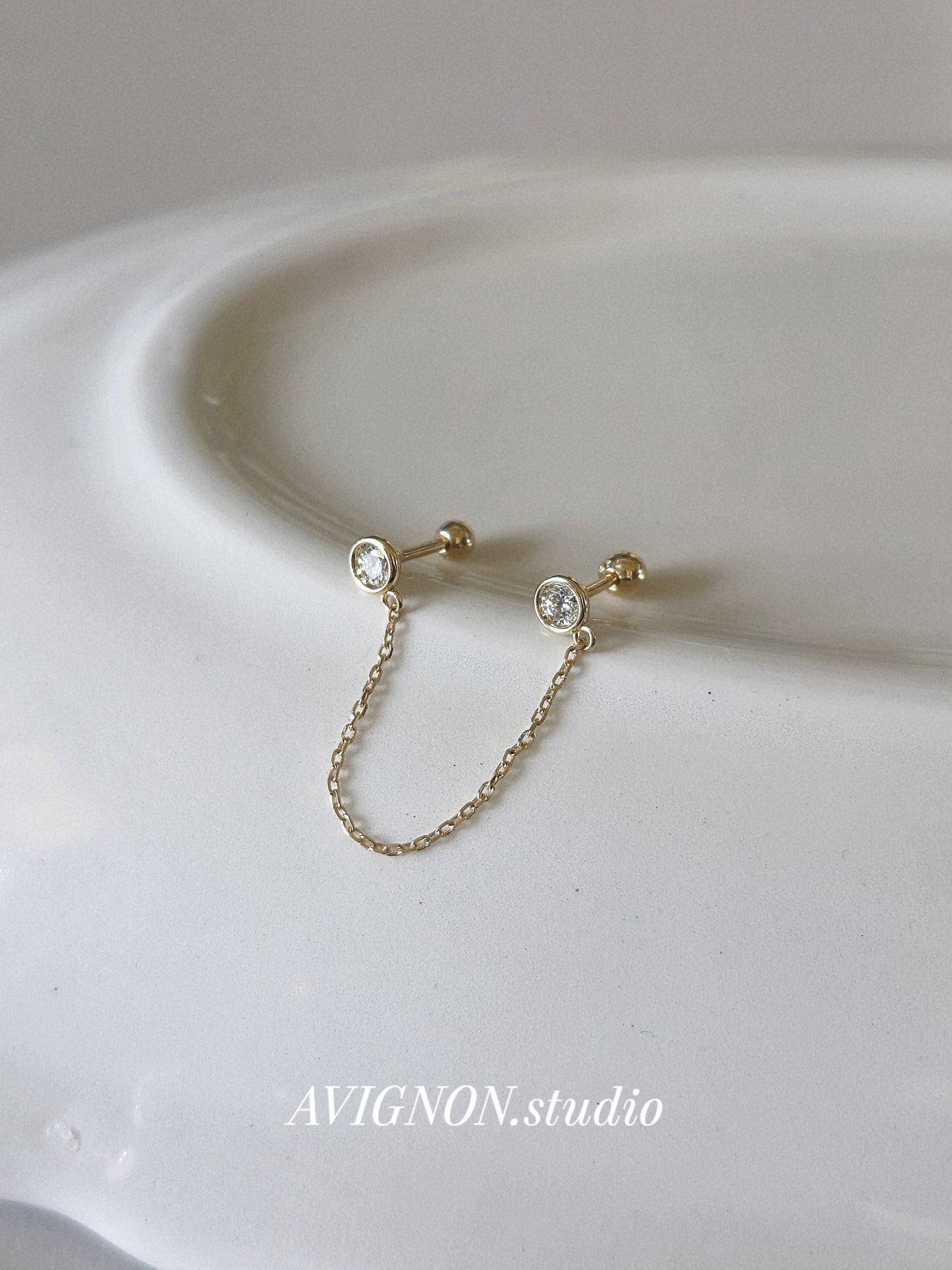 14K Solid Gold Double bezel Stud Chain Piercing. Lab diamond, Moissanite.