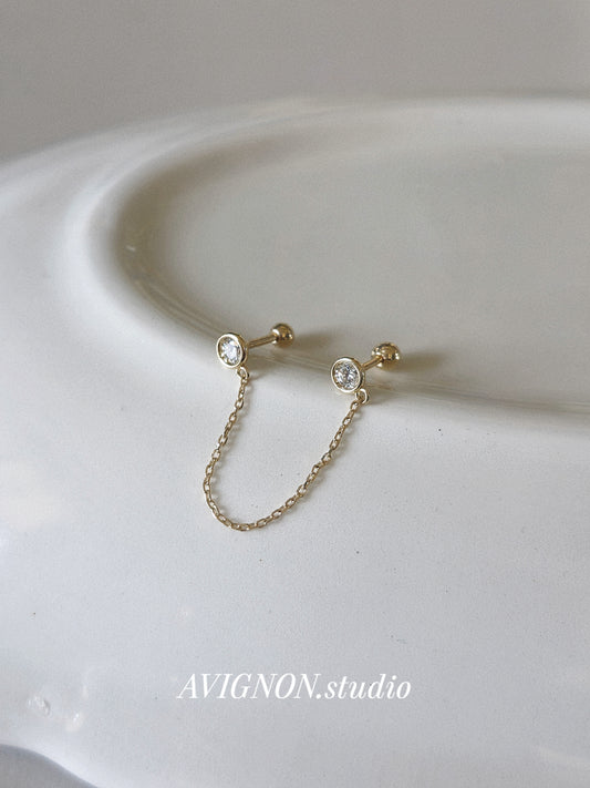14K Solid Gold Double bezel Stud Chain Piercing. Lab diamond, Moissanite.