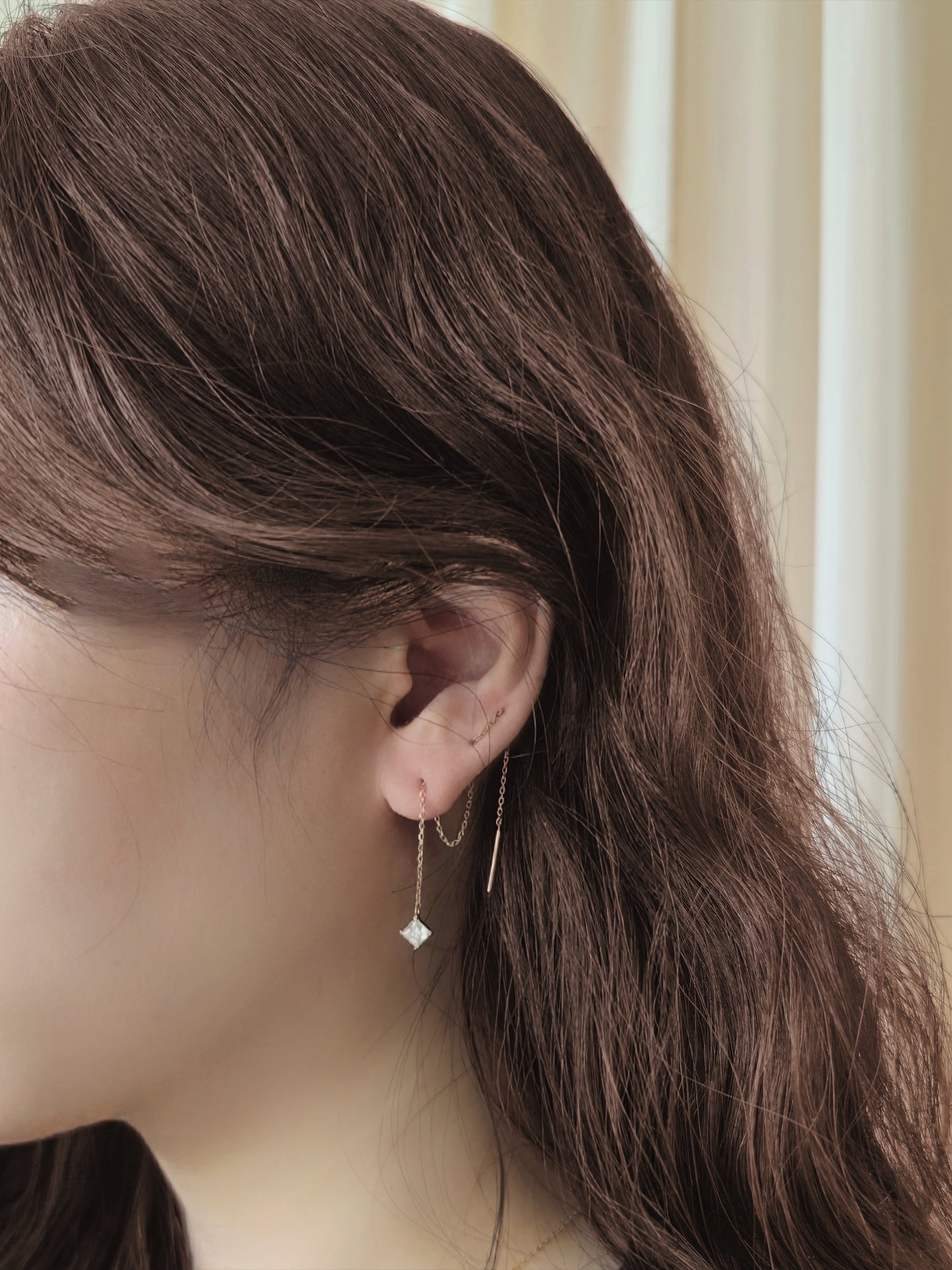 14k solid gold chain threader with square moissanite lab diamond earring.