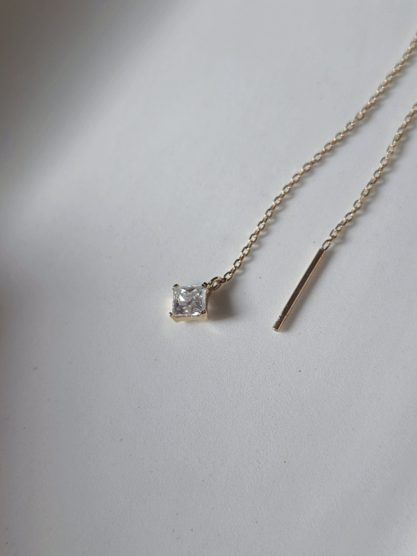 14k solid gold chain threader with square moissanite lab diamond earring.
