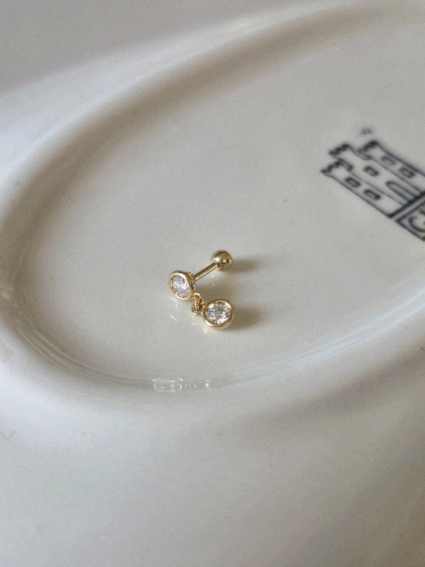 14K solid Gold Bezel Set Moissanite / Lab Diamond Dangle Stud screw ball piercing.