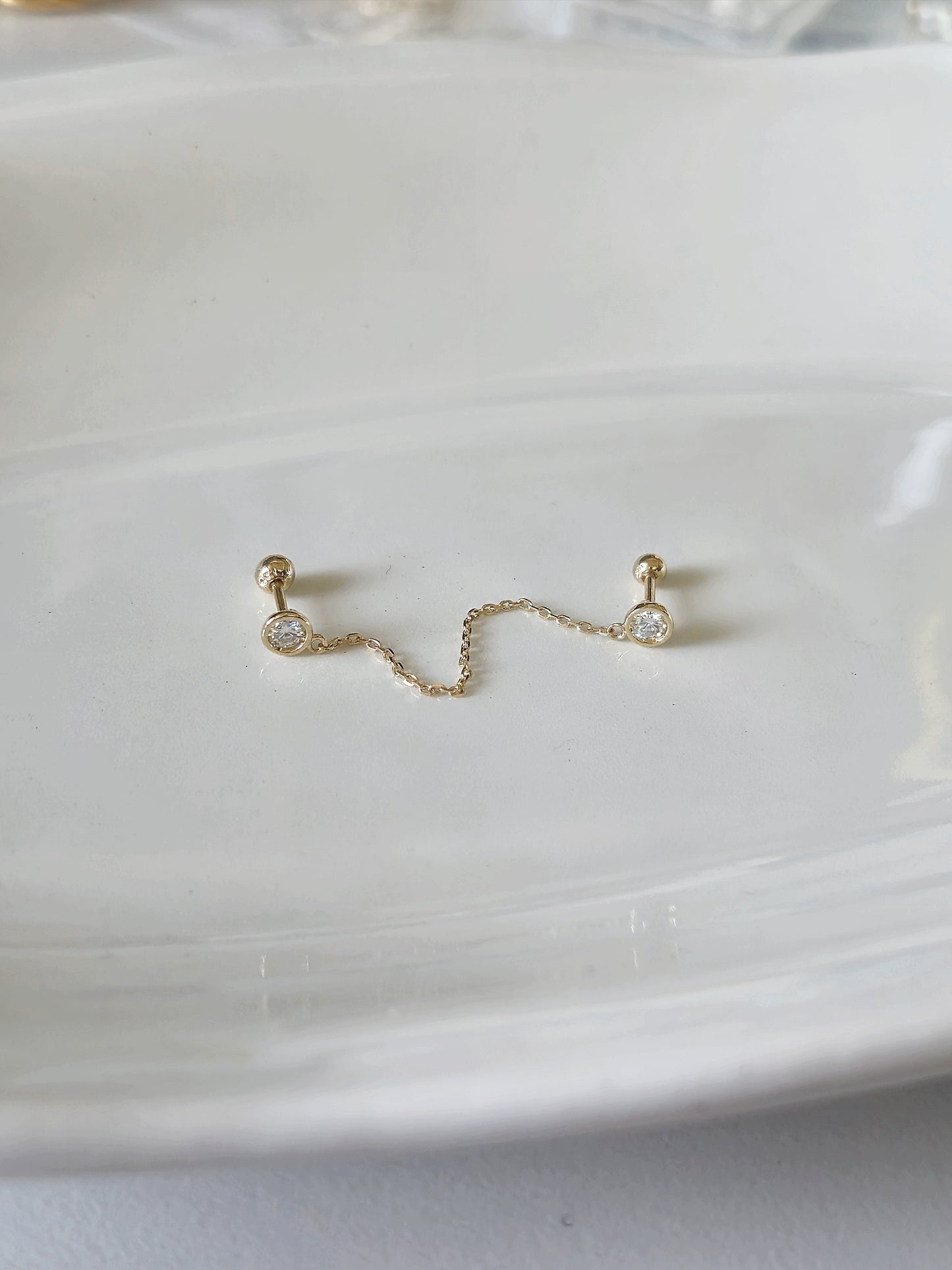 14K Solid Gold Double bezel Stud Chain Piercing. Lab diamond, Moissanite.