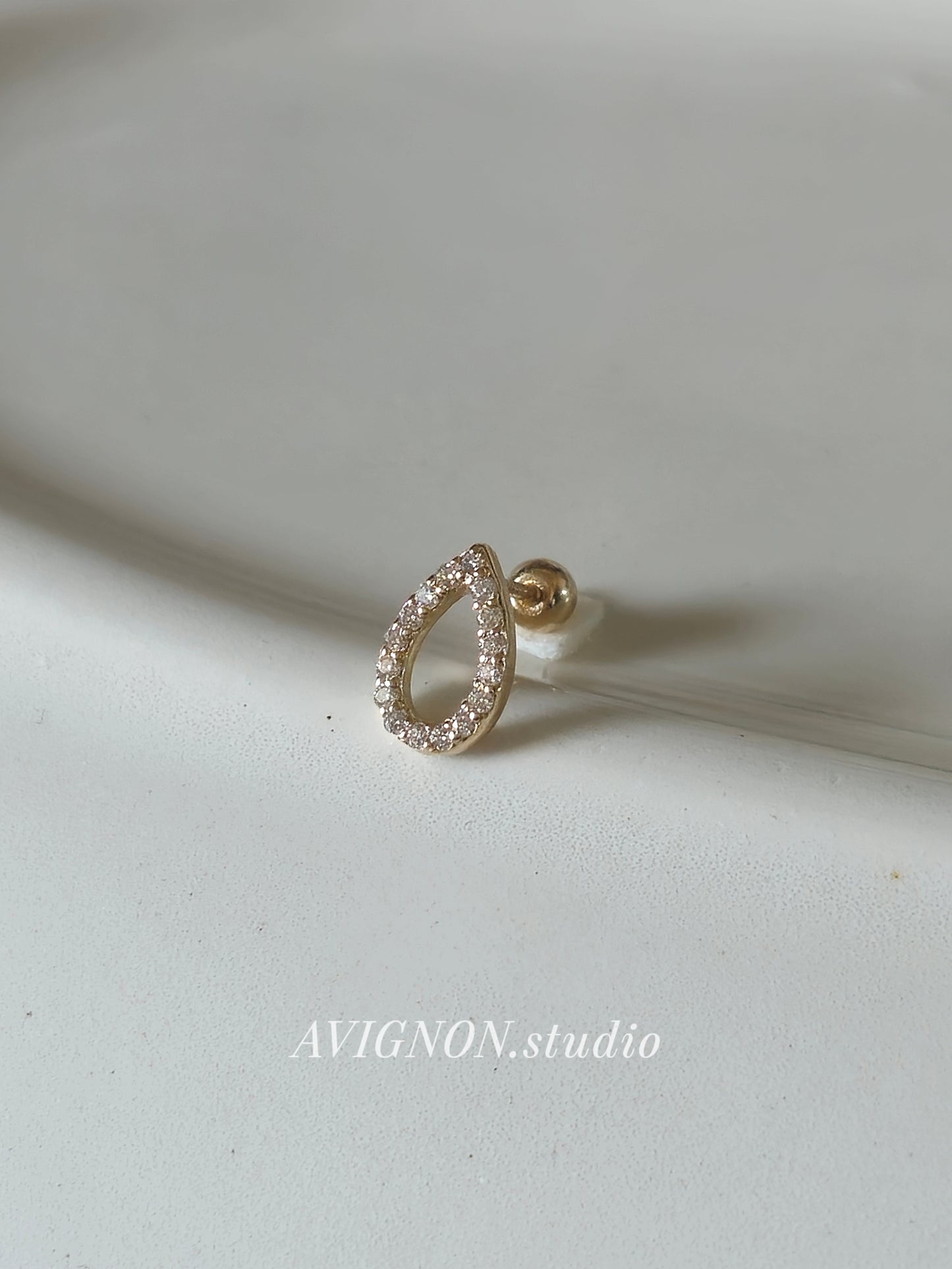 14k solid gold Teardrop Pave Stud piercing. Minimal Gold Drop Stud, Moissanite, Lab diamond.