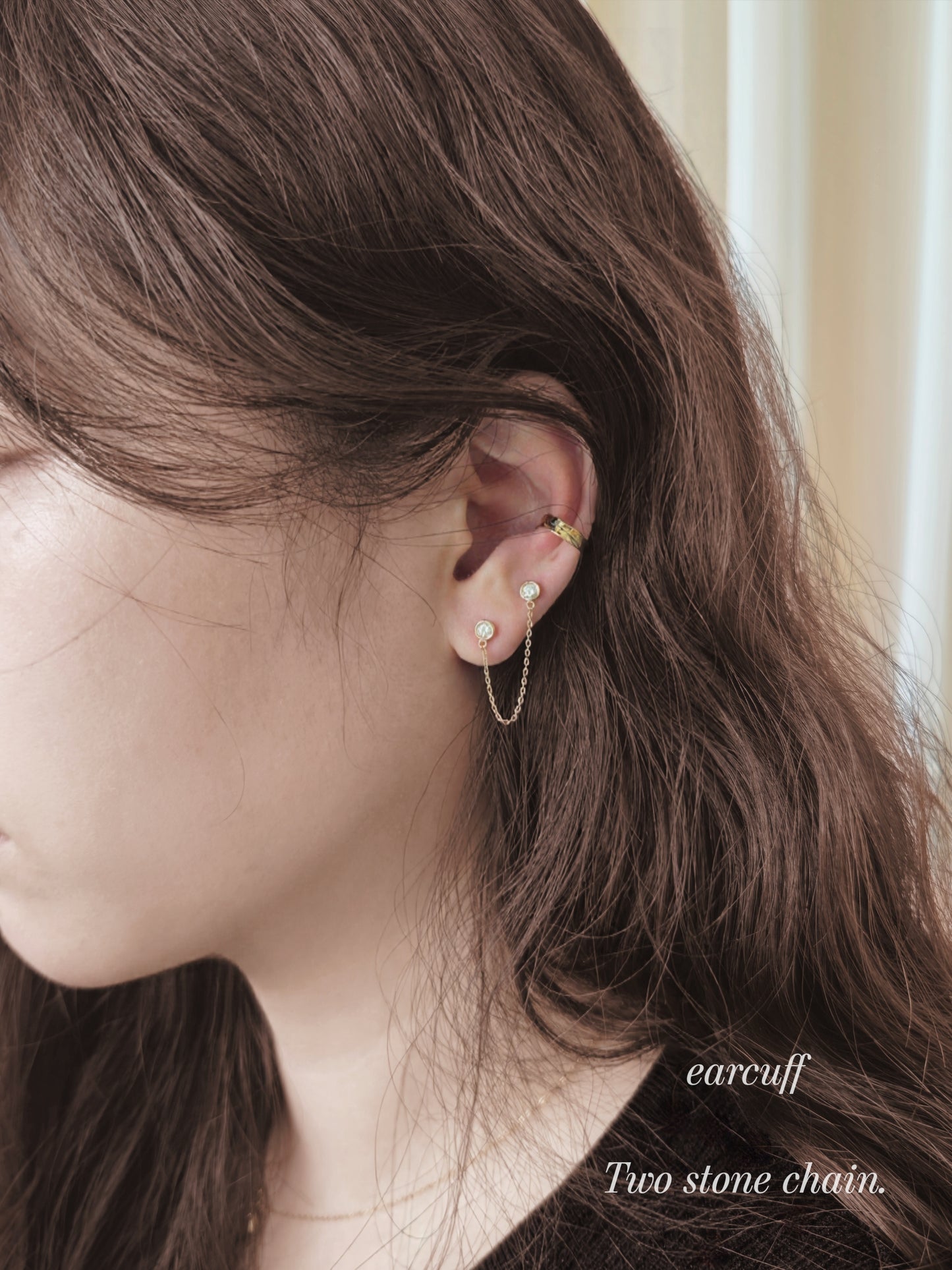 14K Solid Gold Double bezel Stud Chain Piercing. Lab diamond, Moissanite.