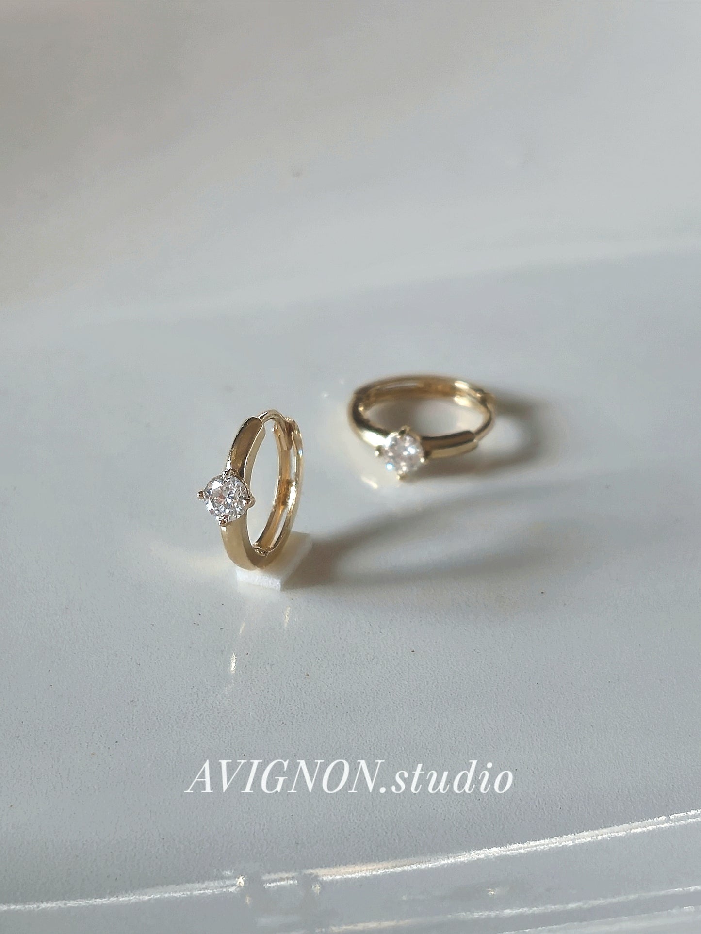 14K Gold Tiny lab Diamond, Moissanite Huggie Hoop Earrings.