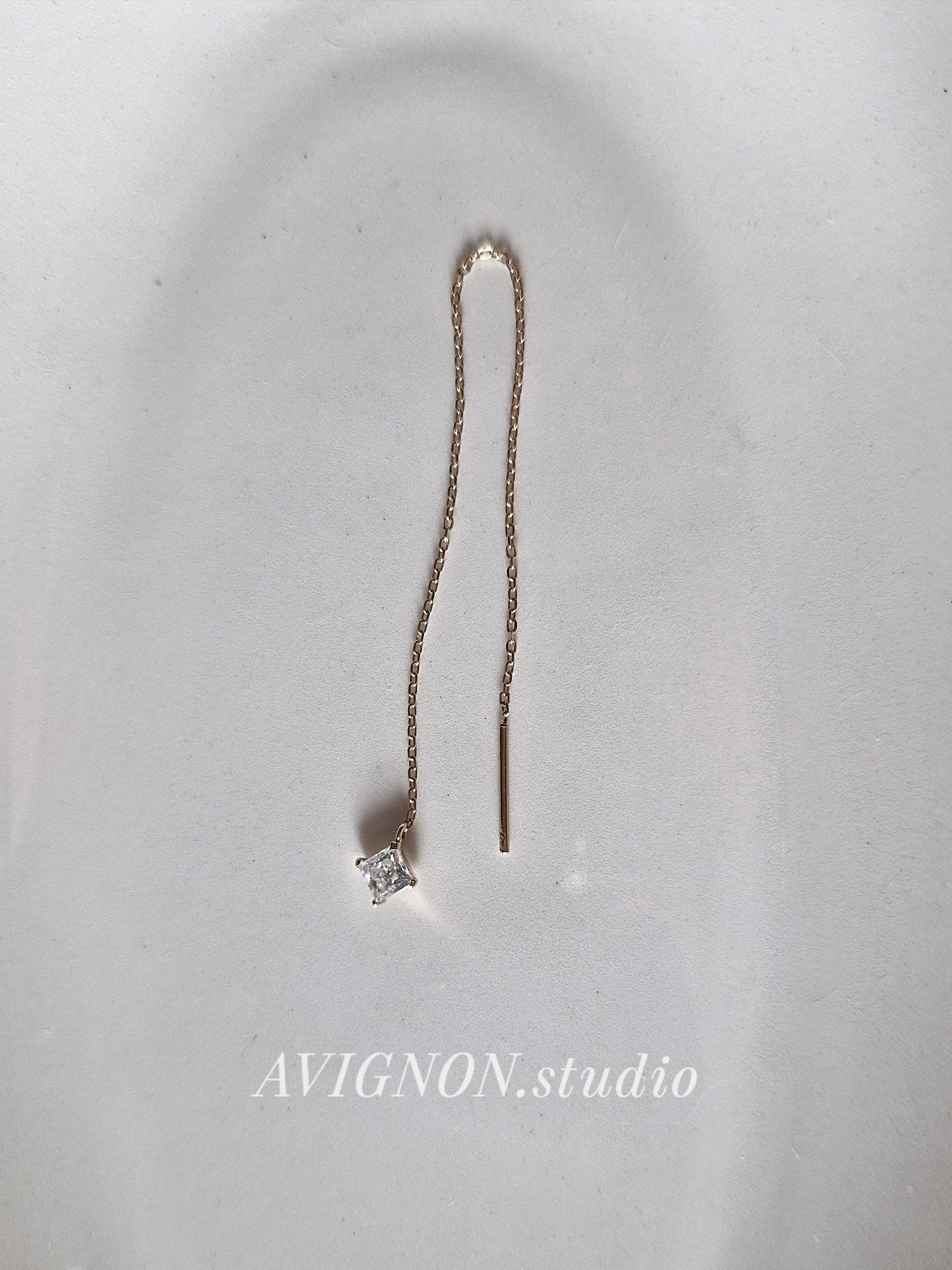 14k solid gold chain threader with square moissanite lab diamond earring.