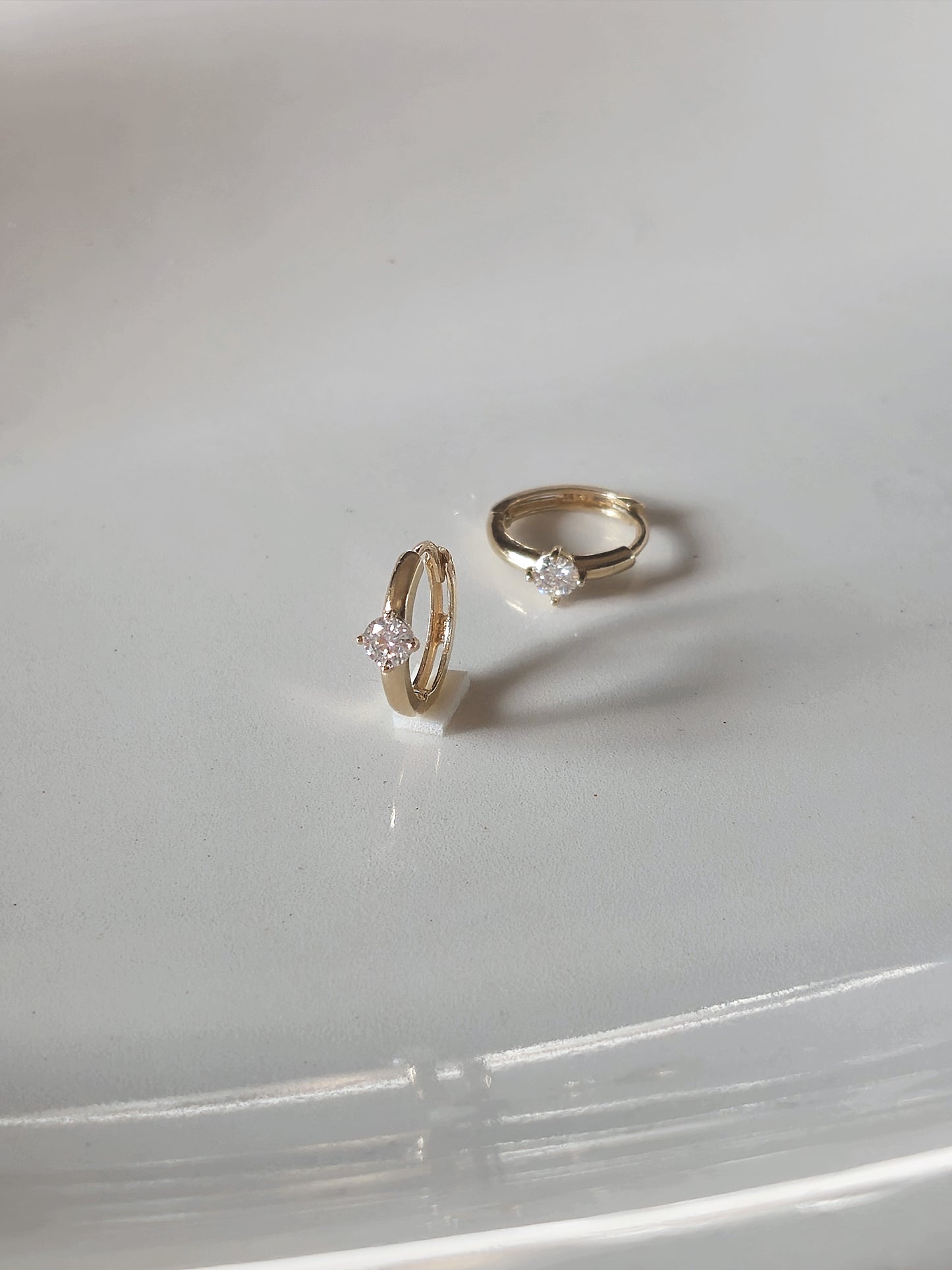 14K Gold Tiny lab Diamond, Moissanite Huggie Hoop Earrings.