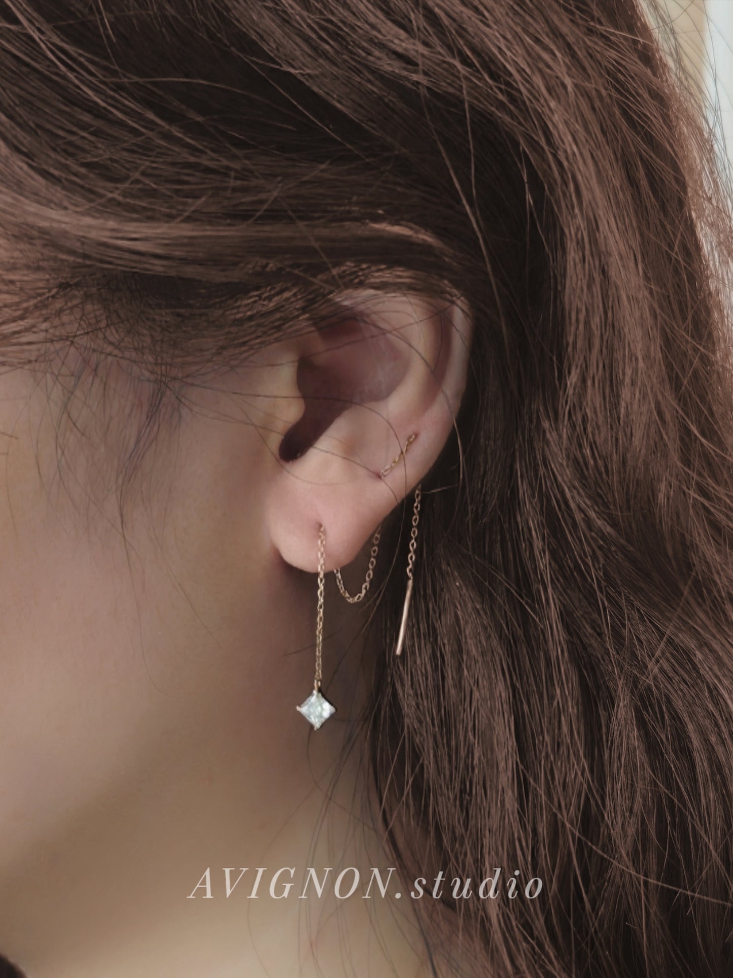 14k solid gold chain threader with square moissanite lab diamond earring.