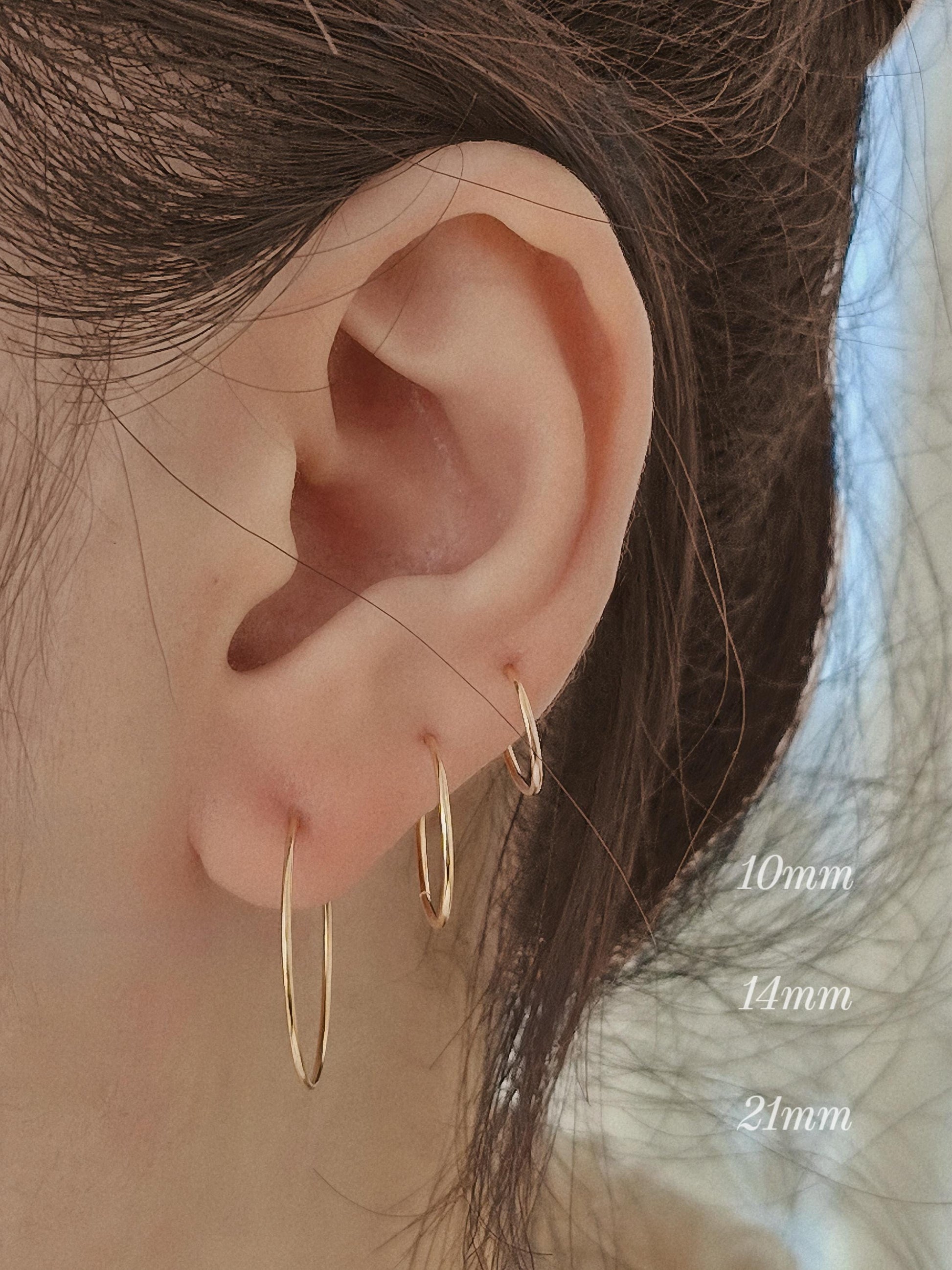 slim thin 14k solid gold hoop. wire hoop earring.10mm 14mm 21mm 27mm