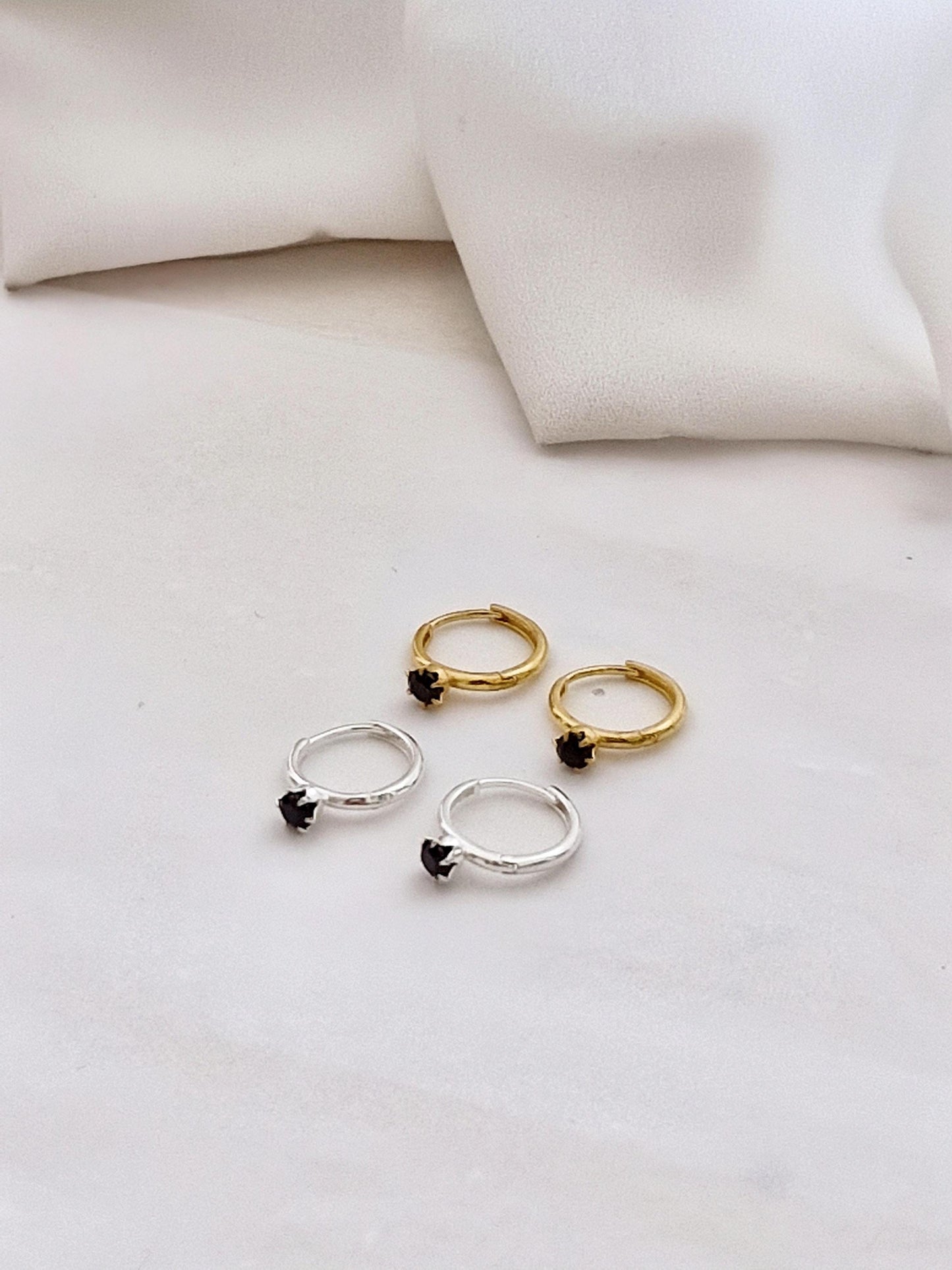 sterling Silver 925 Mini Huggie Hoop Earrings with 4mm Black Cubic Huggie. 10mm.Hinged CZ Clicker Hoop. Pair earrings.