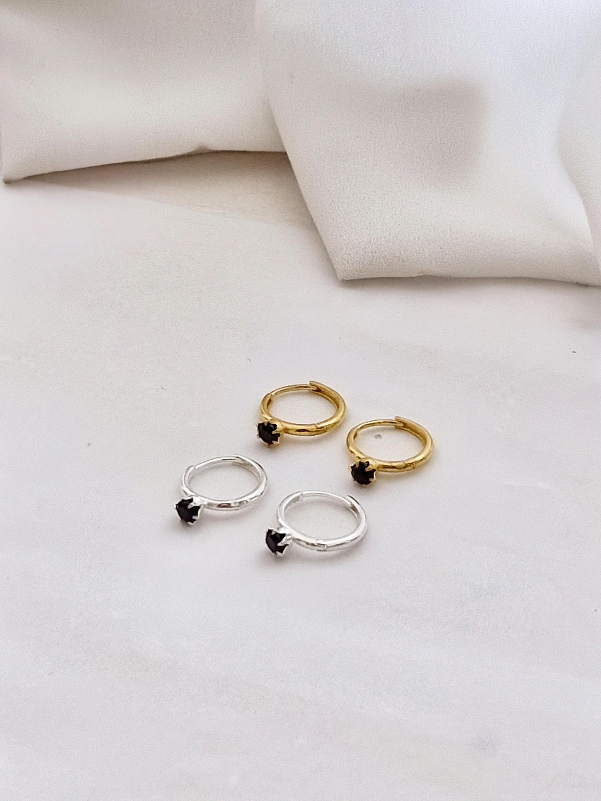 sterling Silver 925 Mini Huggie Hoop Earrings with 4mm Black Cubic Huggie. 10mm.Hinged CZ Clicker Hoop. Pair earrings.