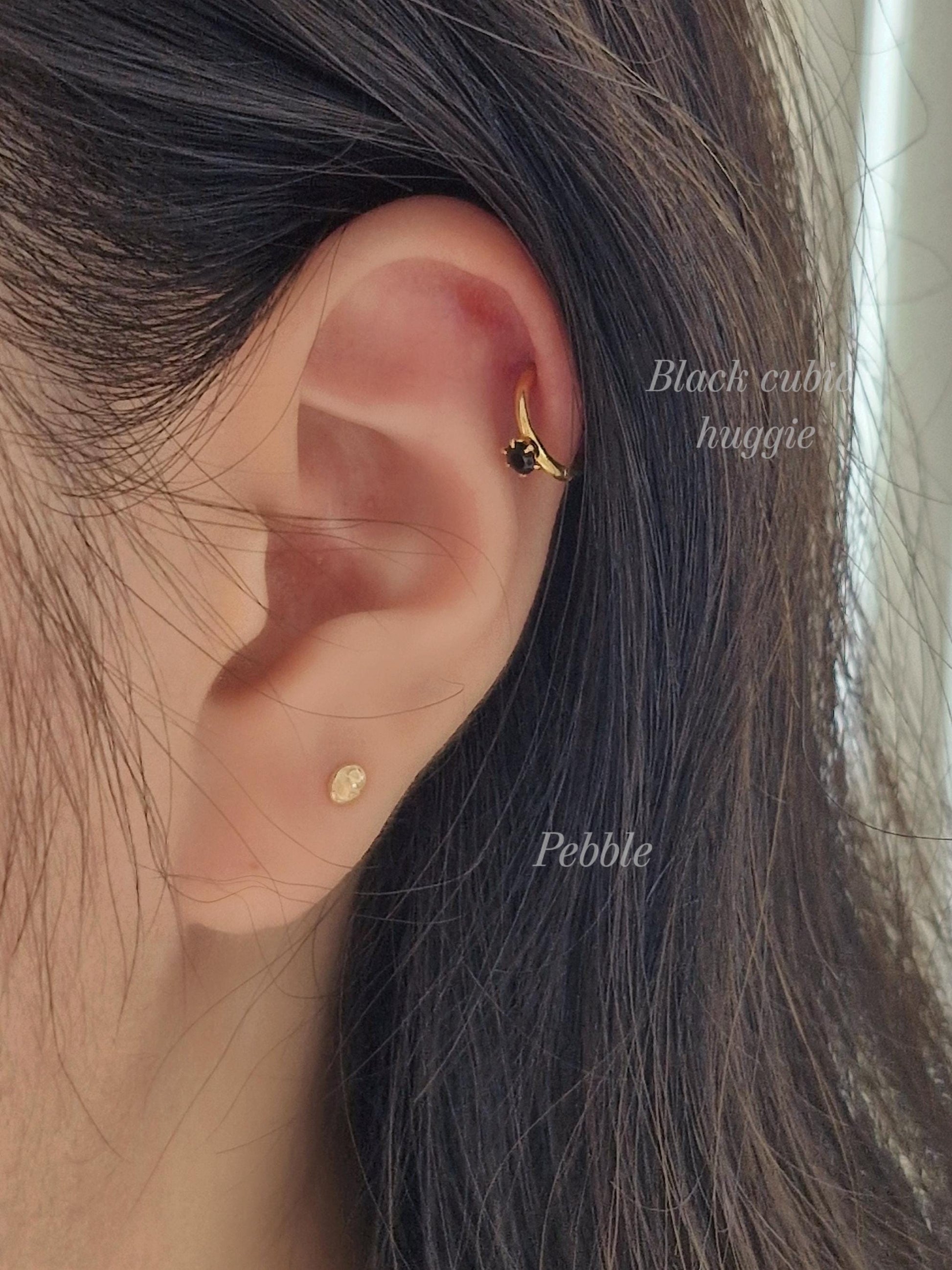 sterling Silver 925 Mini Huggie Hoop Earrings with 4mm Black Cubic Huggie. 10mm.Hinged CZ Clicker Hoop. Pair earrings.