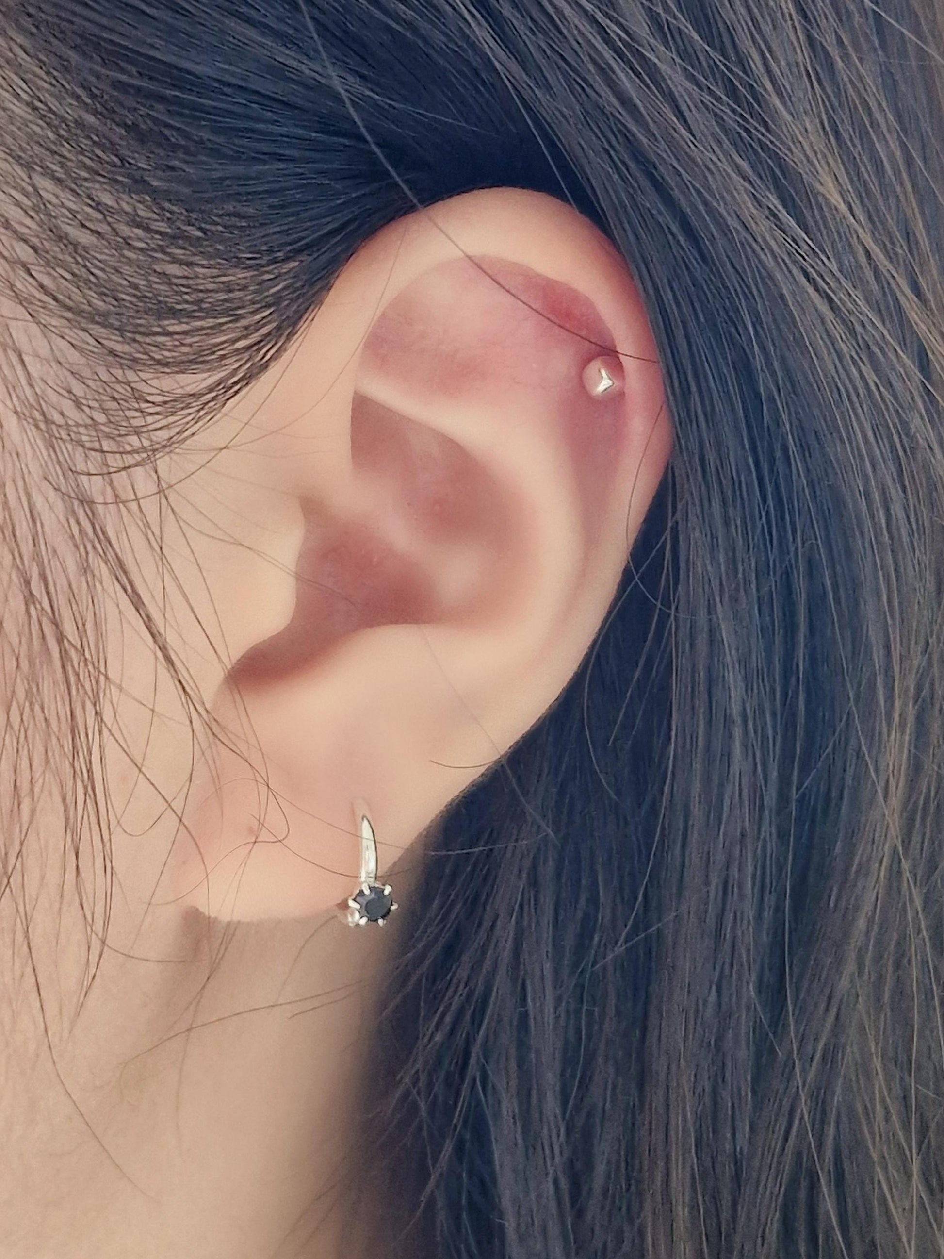 sterling Silver 925 Mini Huggie Hoop Earrings with 4mm Black Cubic Huggie. 10mm.Hinged CZ Clicker Hoop. Pair earrings.