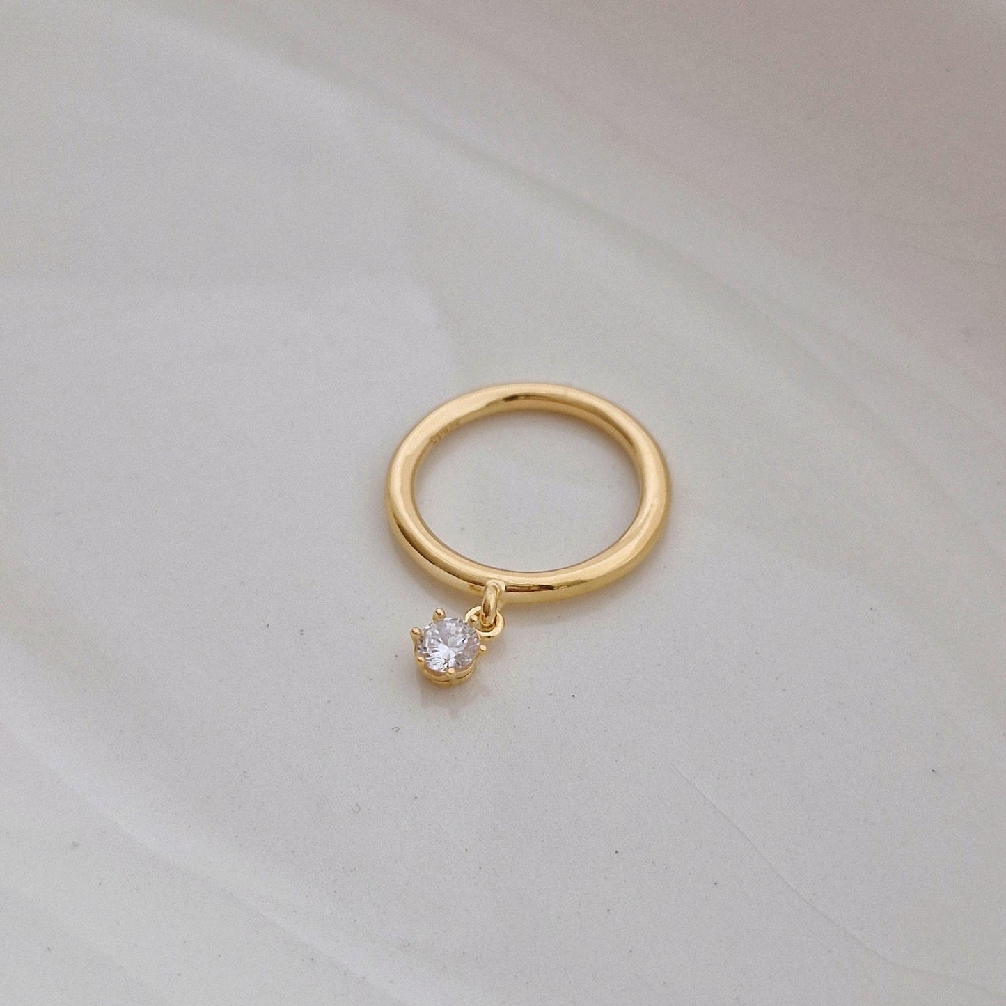 sterling dangling cubic cz ring 925 silver, gold plated. silver ring