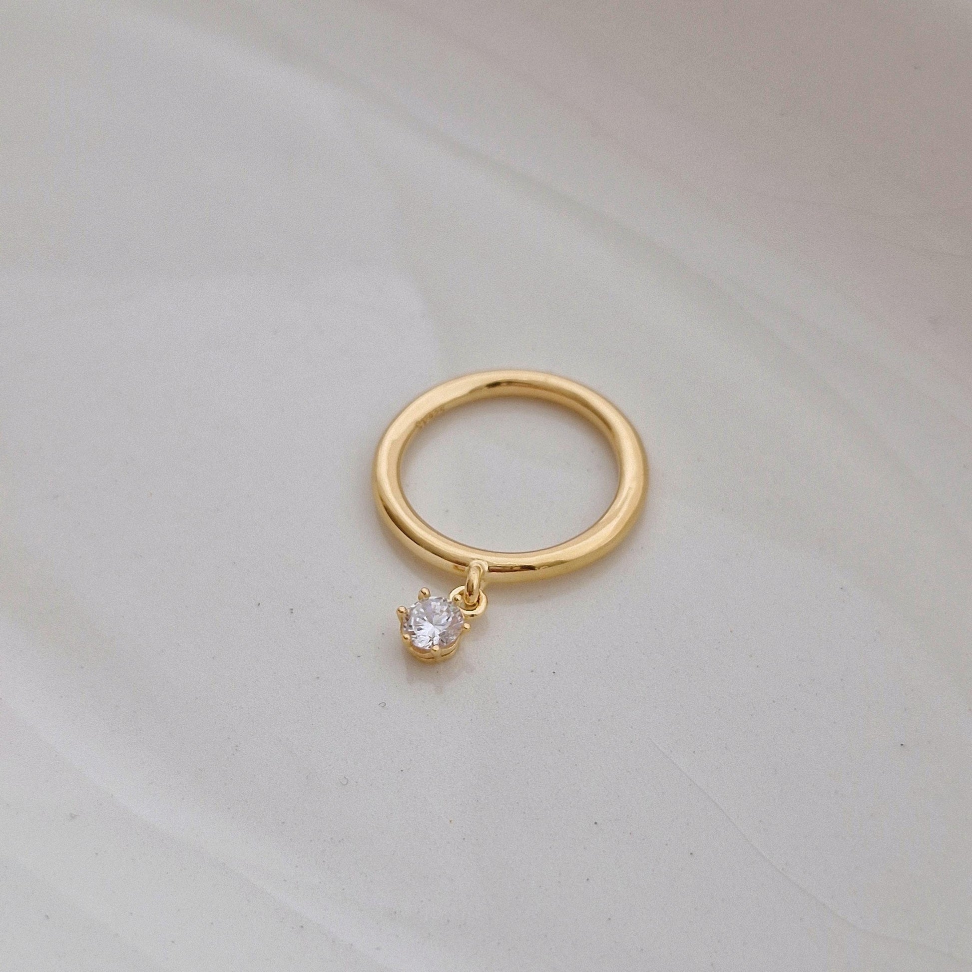 sterling dangling cubic cz ring 925 silver, gold plated. silver ring