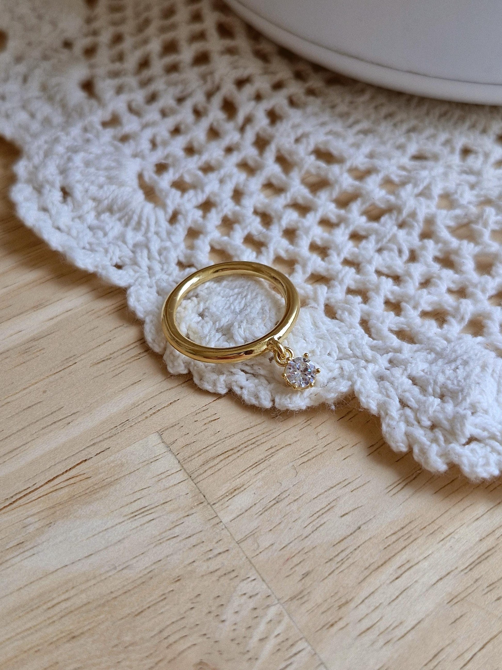 sterling dangling cubic cz ring 925 silver, gold plated. silver ring