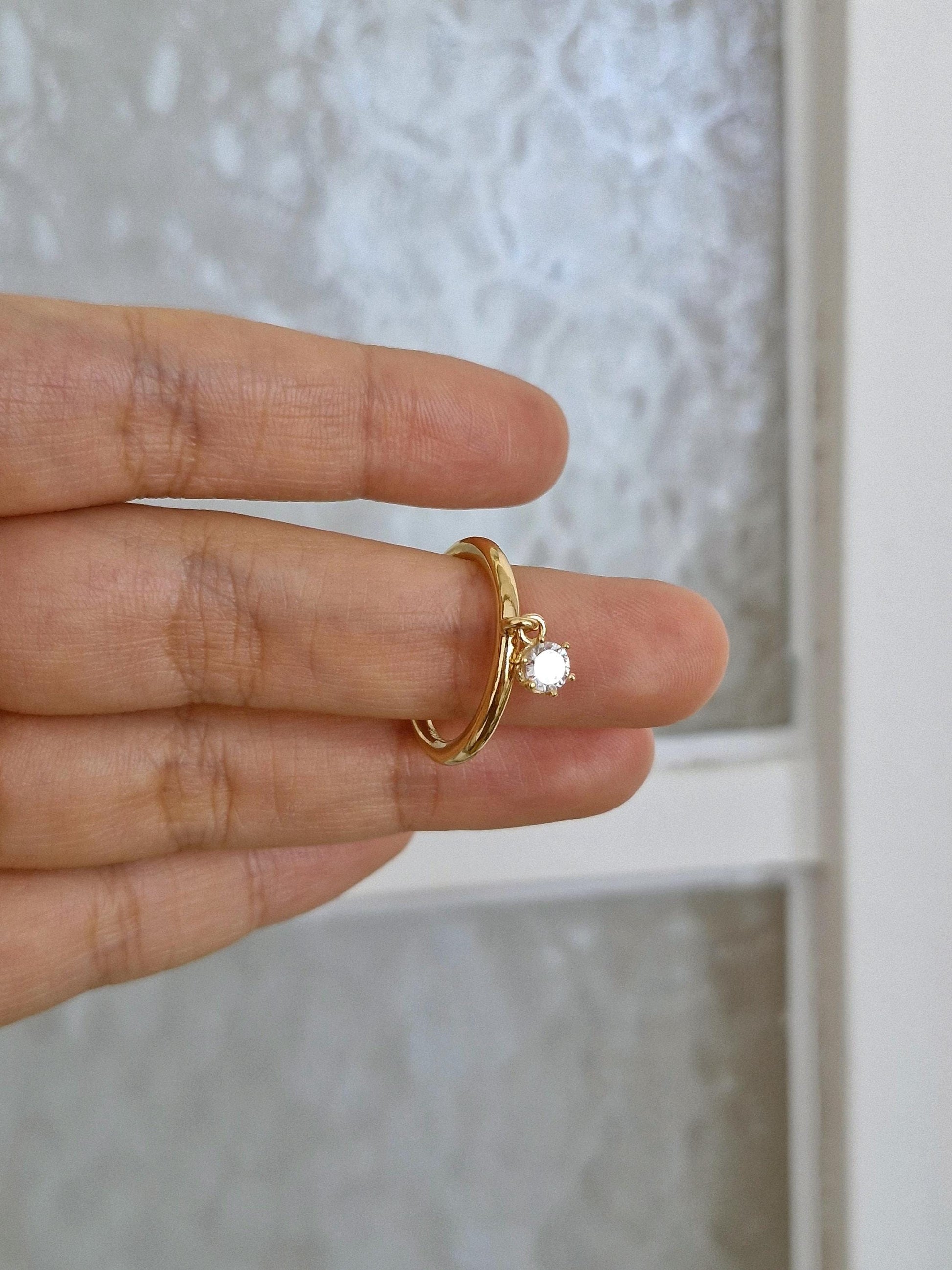 sterling dangling cubic cz ring 925 silver, gold plated. silver ring