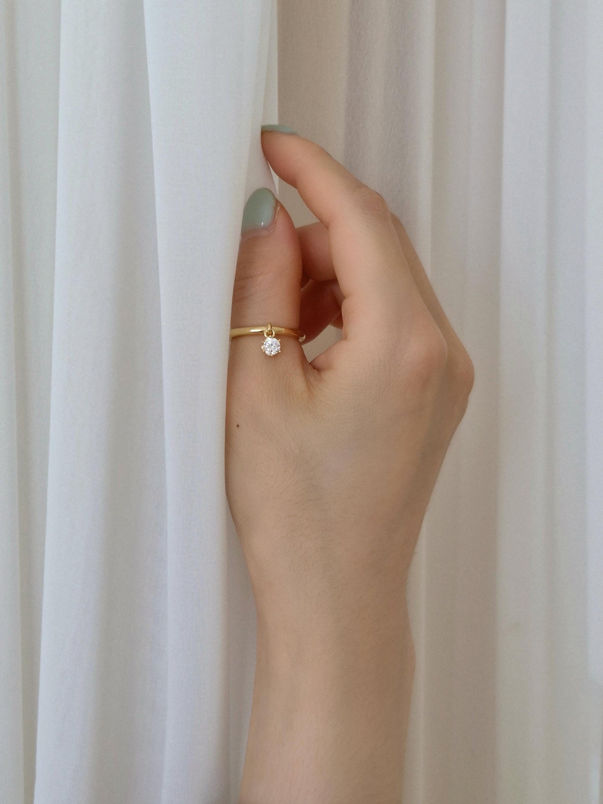 sterling dangling cubic cz ring 925 silver, gold plated. silver ring