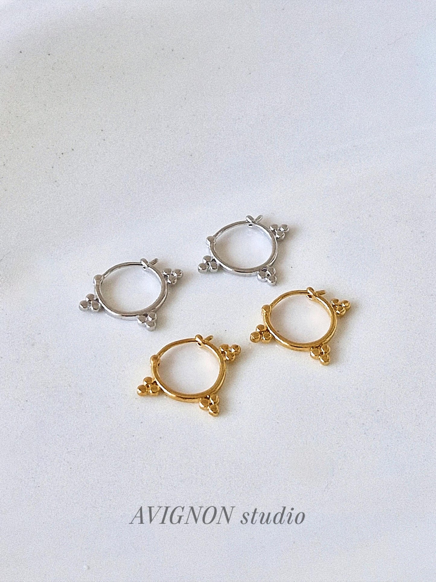three ball hoop earrings. sterling silver ball hoop earrings.