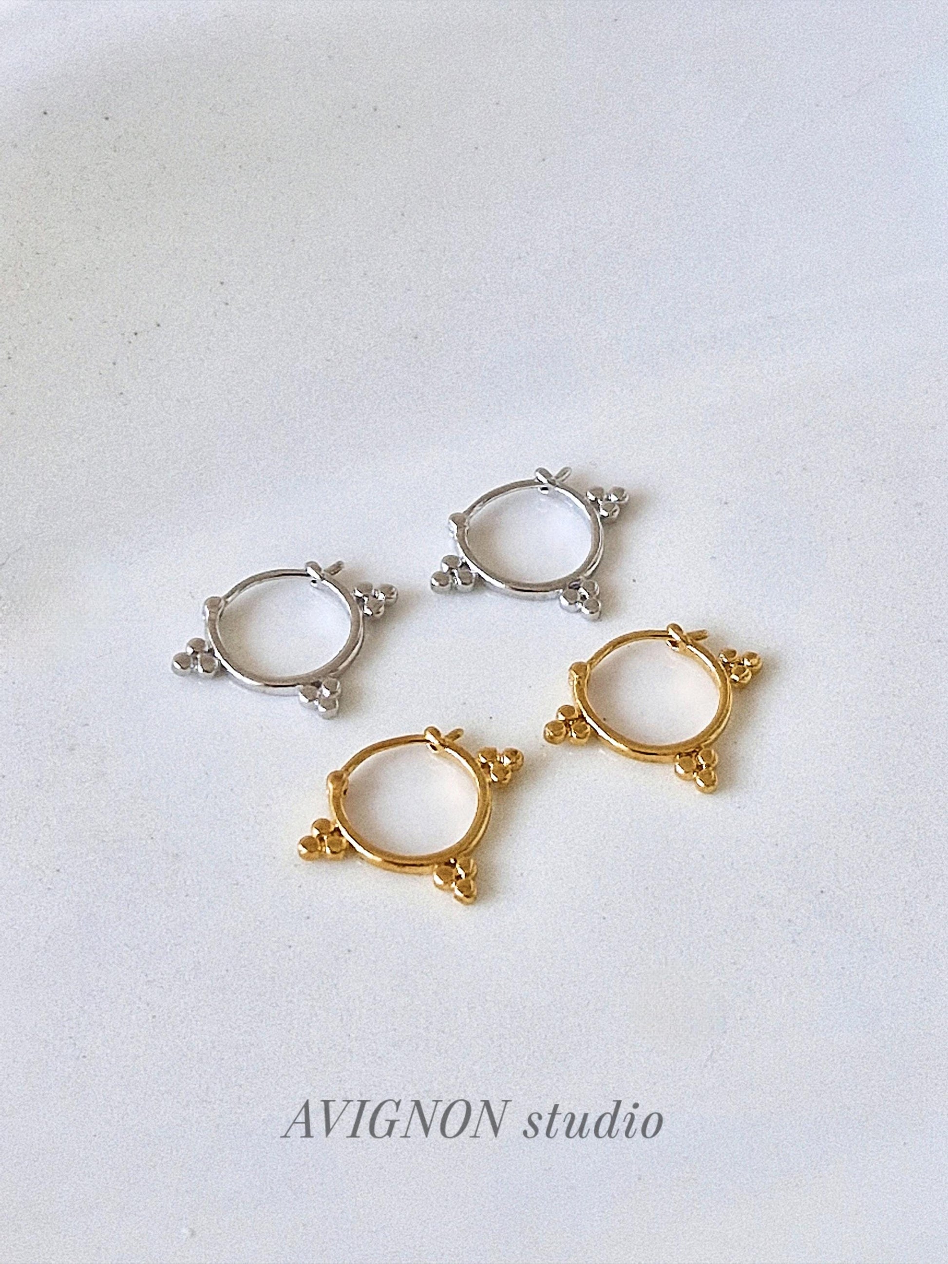 three ball hoop earrings. sterling silver ball hoop earrings.