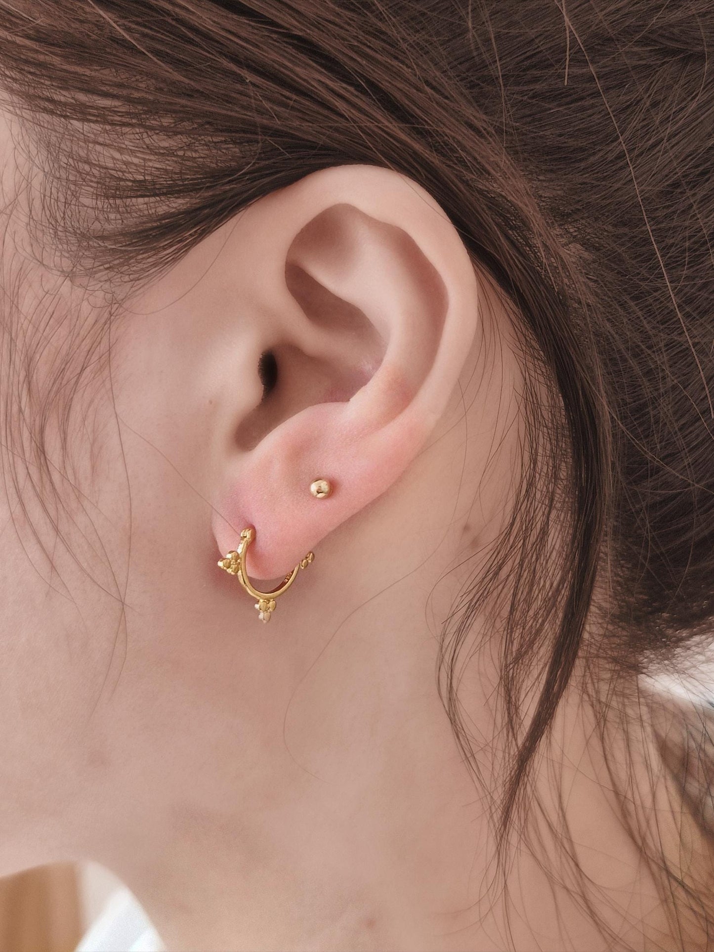 three ball hoop earrings. sterling silver ball hoop earrings.