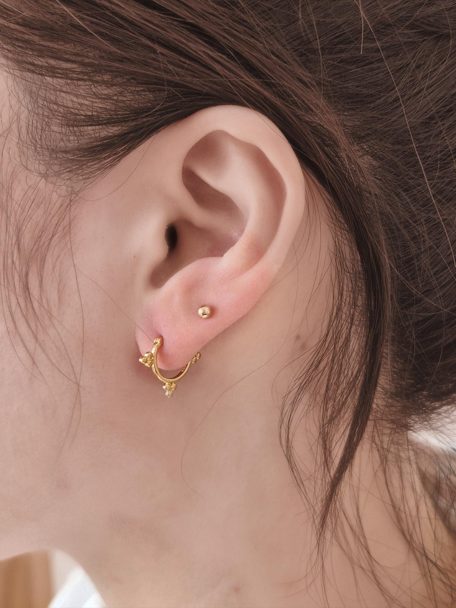 three ball hoop earrings. sterling silver ball hoop earrings.